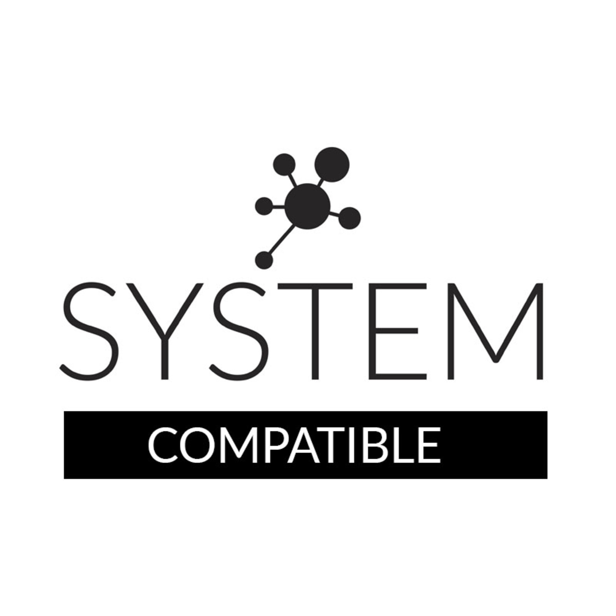 Schwarze Grafik mit den Texten 'SYSTEM' und 'COMPATIBLE' auf weißem Hintergrund. Oben befindet sich eine abstrakte schwarze Form.