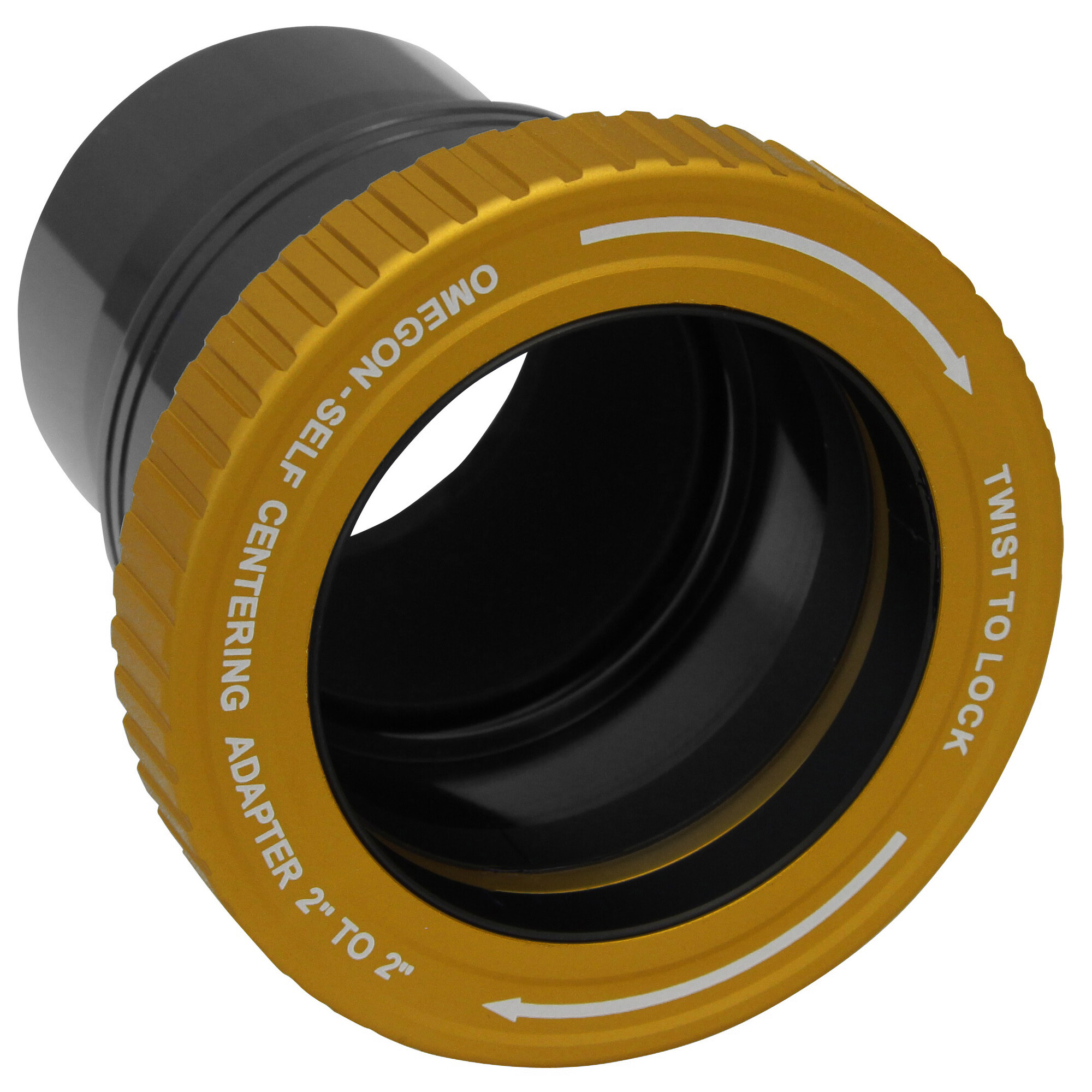 Ein Adapter in Schwarz und Gold. Er hat Text mit der Aufschrift 'OMEGON' und 'TWIST TO LOCK' mit Pfeilen.