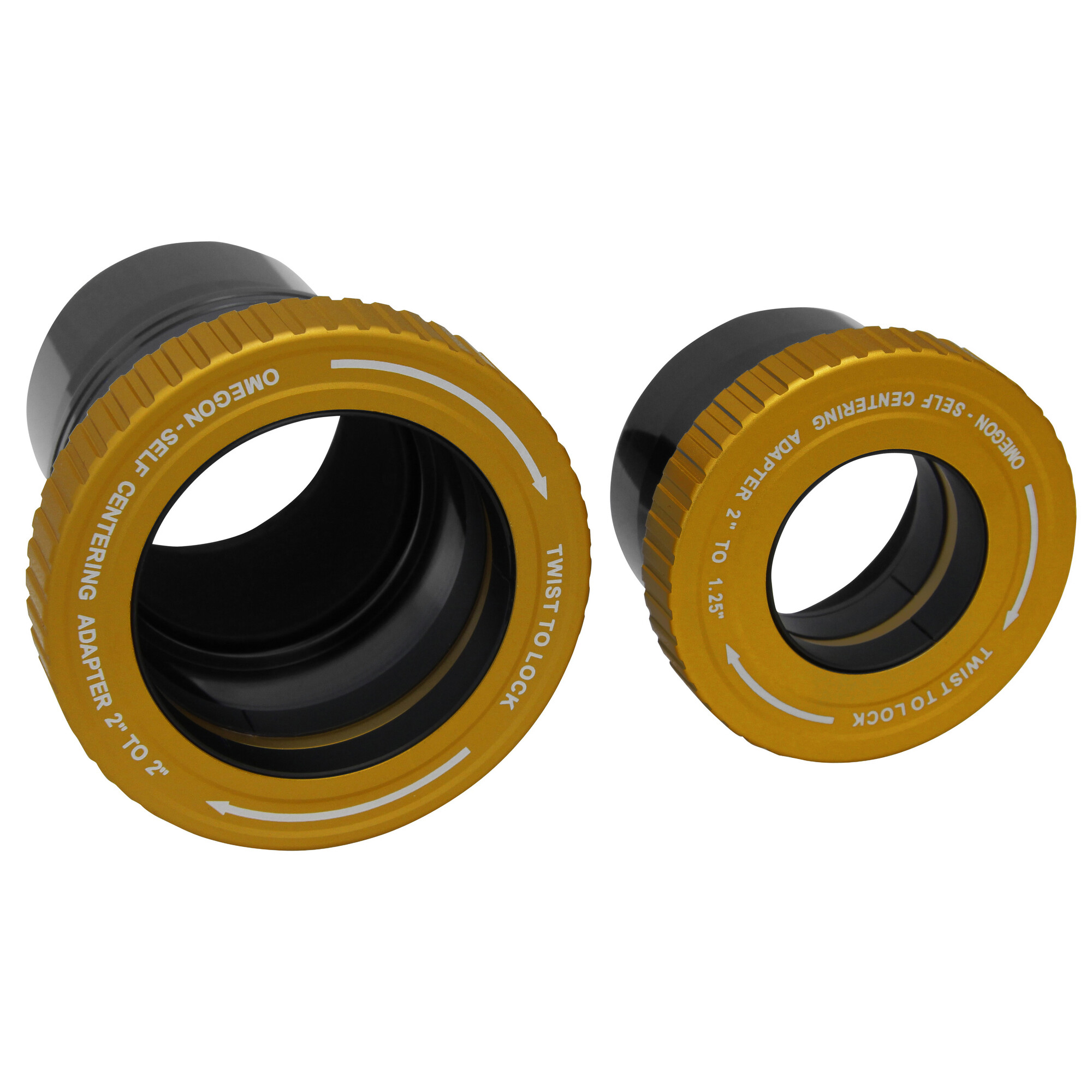 Zwei schwarz-goldene Adapter. Einer hat die Aufschrift OMEGON - SELF CENTERING ADAPTER 2" TO 2". Der andere 2" TO 1.25".
