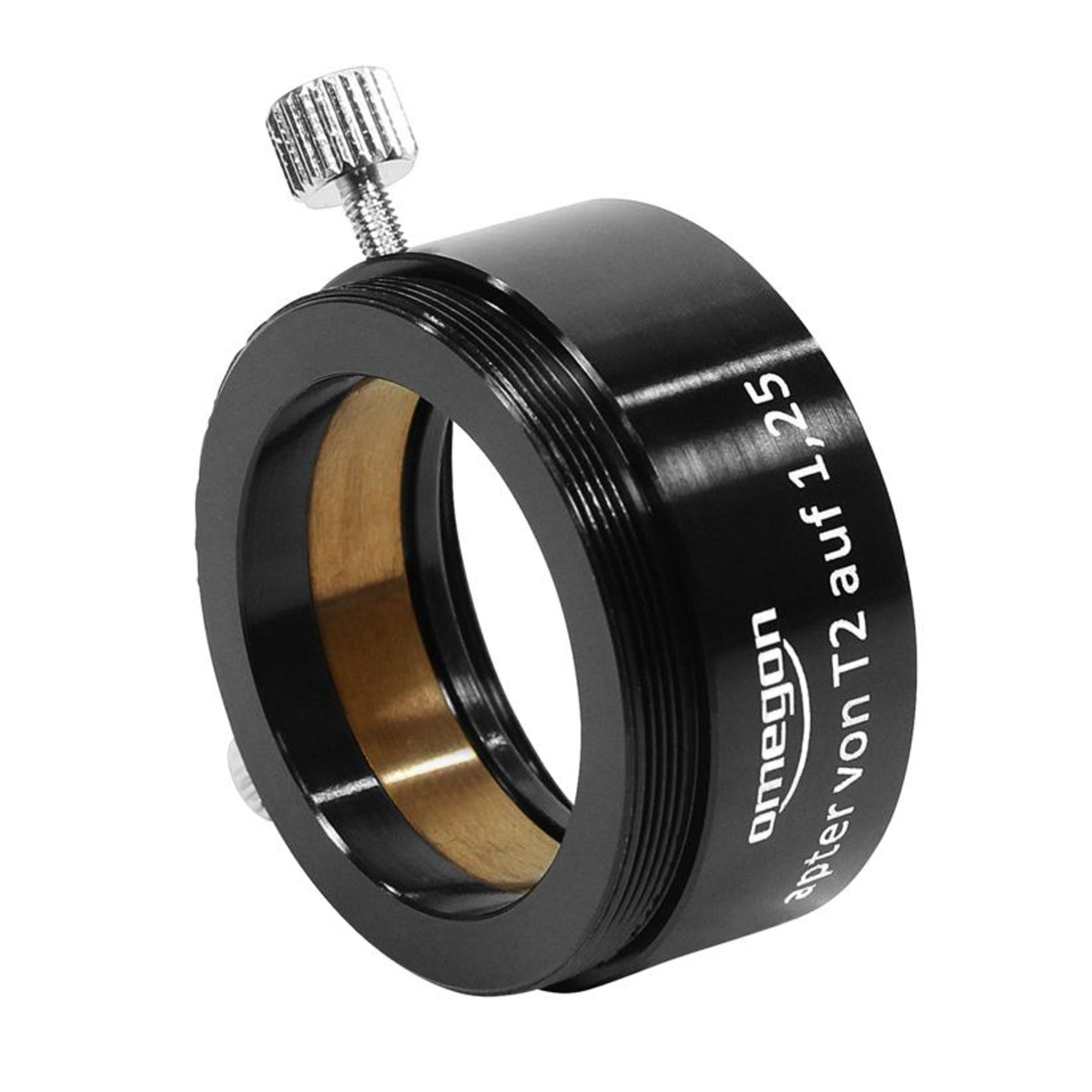 Ein schwarzer Omegon-Adapter für ein Teleskop. Er hat Text darauf. Oben ist eine silberne Schraube zu sehen.