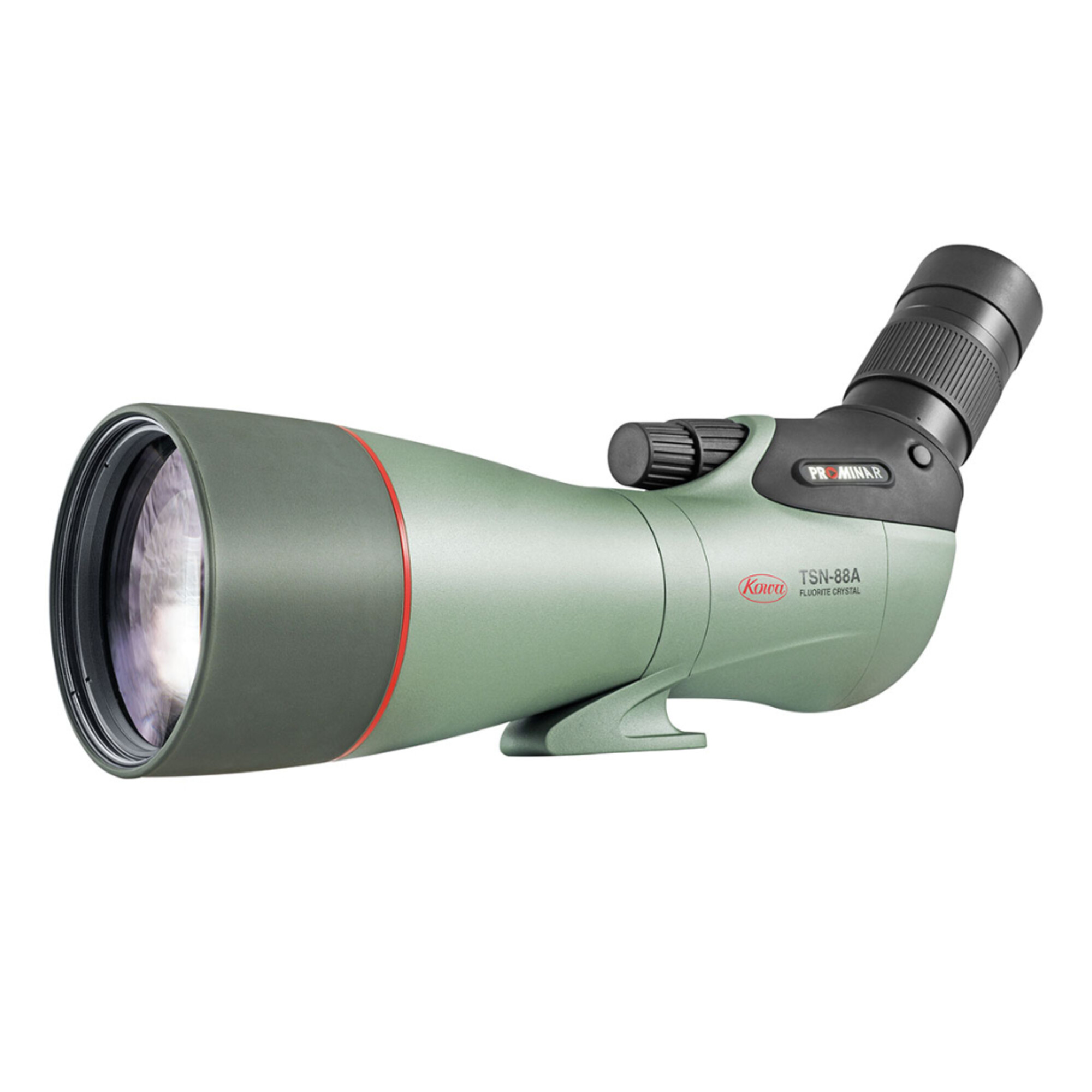 Ein grünes Kowa TSN-88A Spektiv mit schwarzen und roten Akzenten, vor weißem Hintergrund.