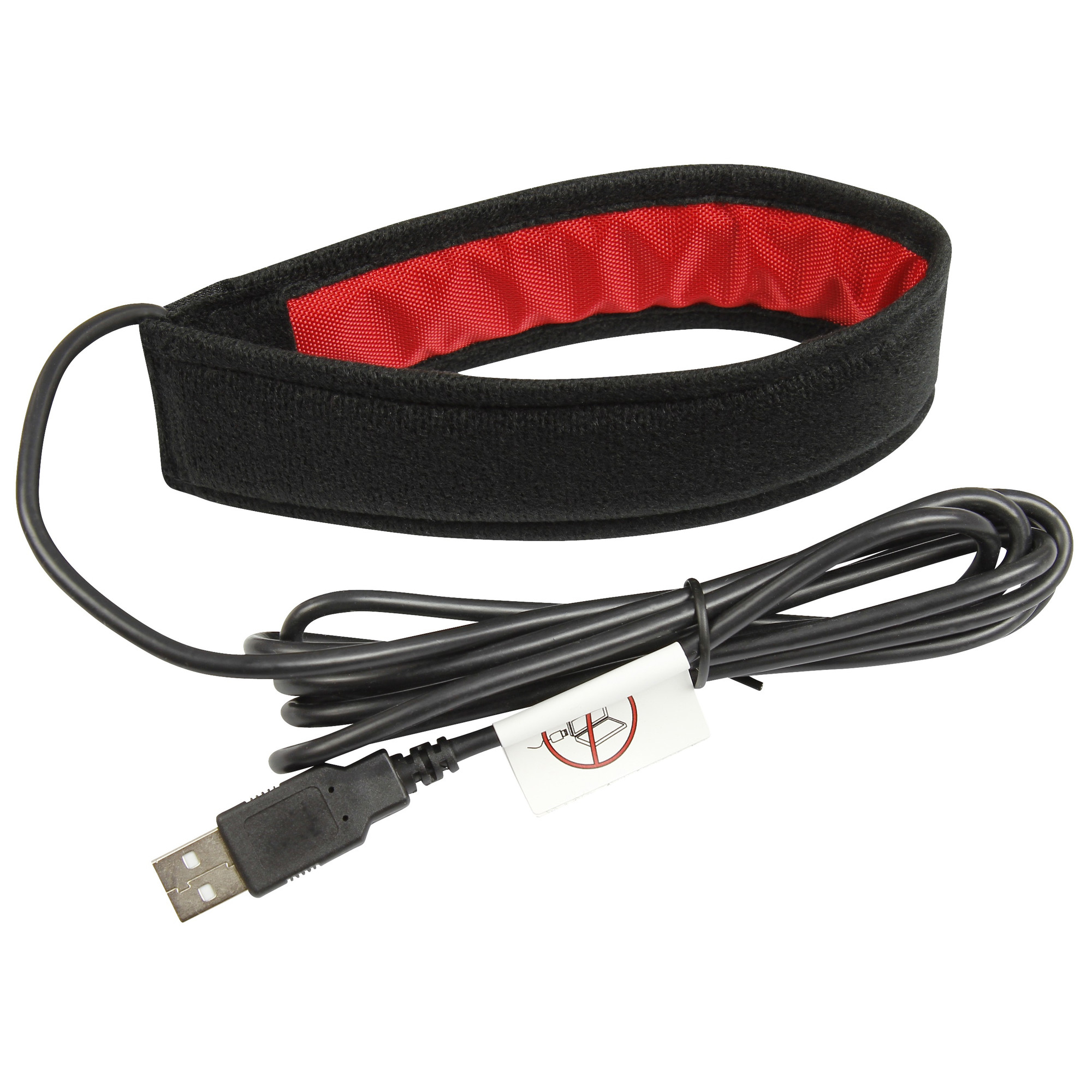 Ein schwarzes Kopfband mit roter Innenseite ist mit einem USB-Kabel verbunden, mit einem Warnhinweis.
