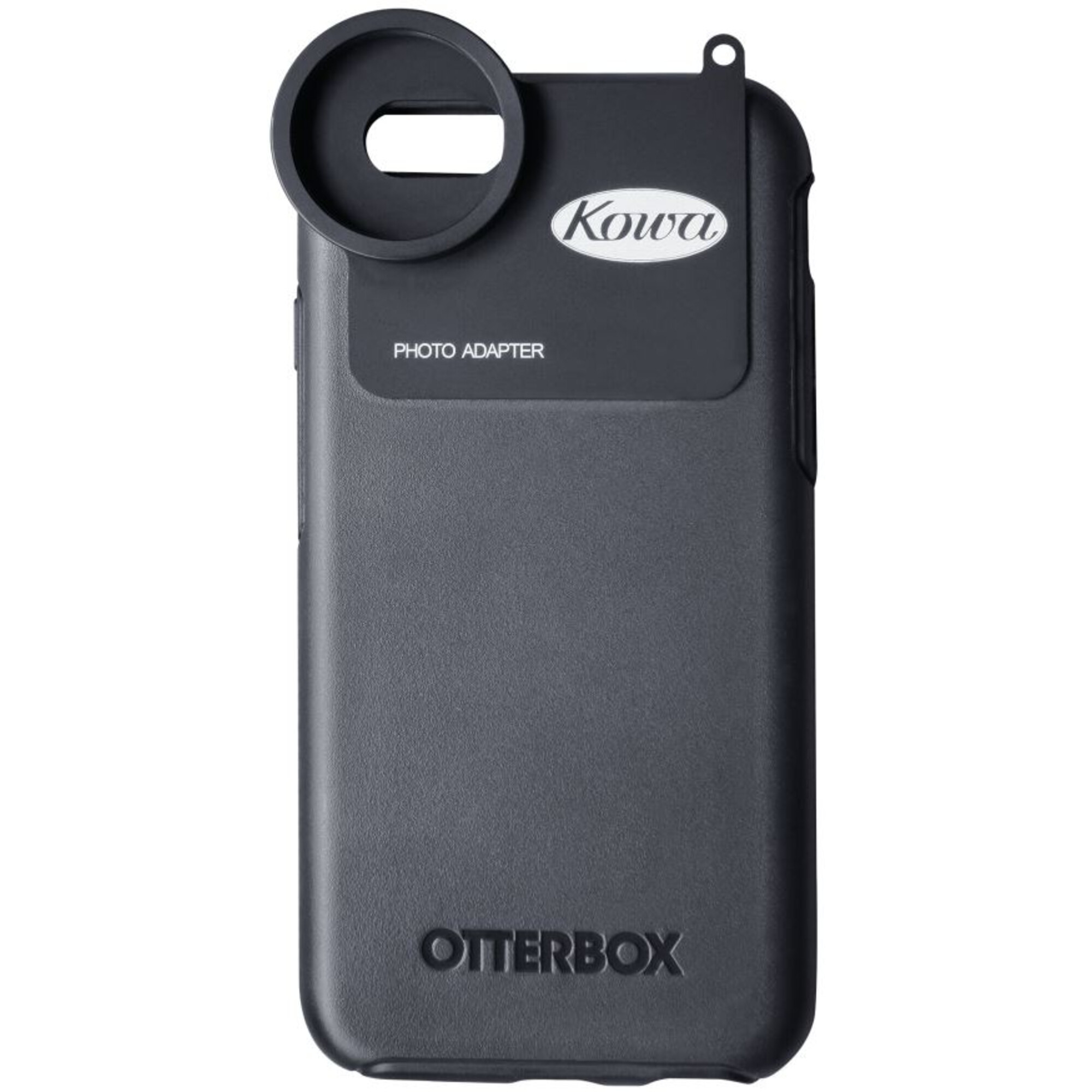 Schwarze Handyhülle mit Objektivaufsatz. 'Kowa' und 'Otterbox' sind sichtbar. 'Photo Adapter' ist gedruckt.