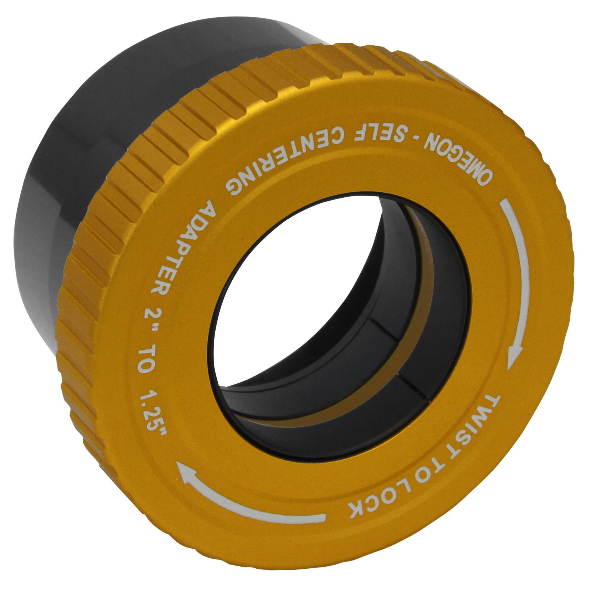 Ein gold-schwarzer Adapter mit Text: OMEGON, SELF CENTERING ADAPTER, 2" bis 1,25", und Drehen zum Verriegeln mit Pfeil.