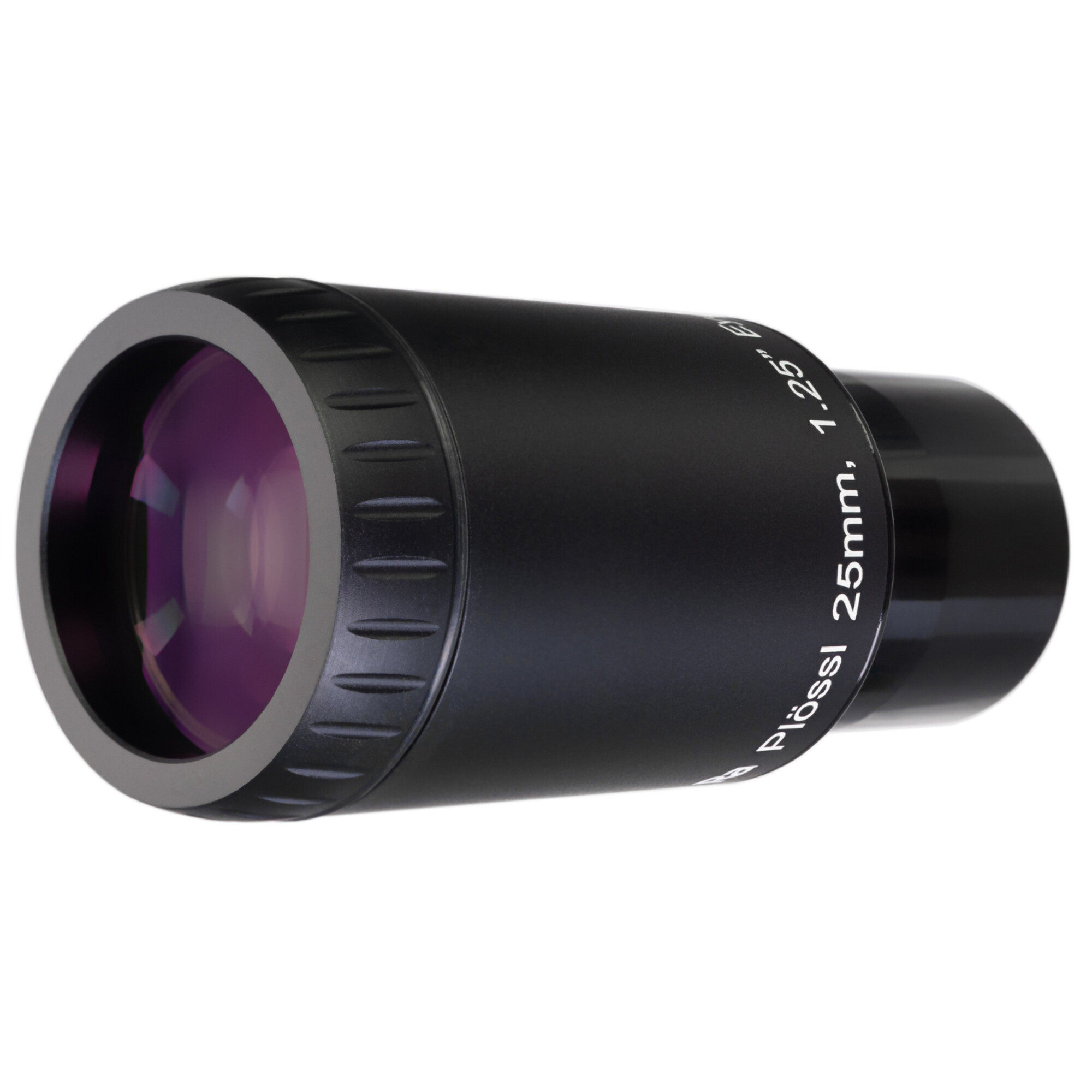 Ein schwarzes Teleskopokular mit einer violetten Linse. Auf der Seite steht 'Plössl 25mm, 1,25"'.