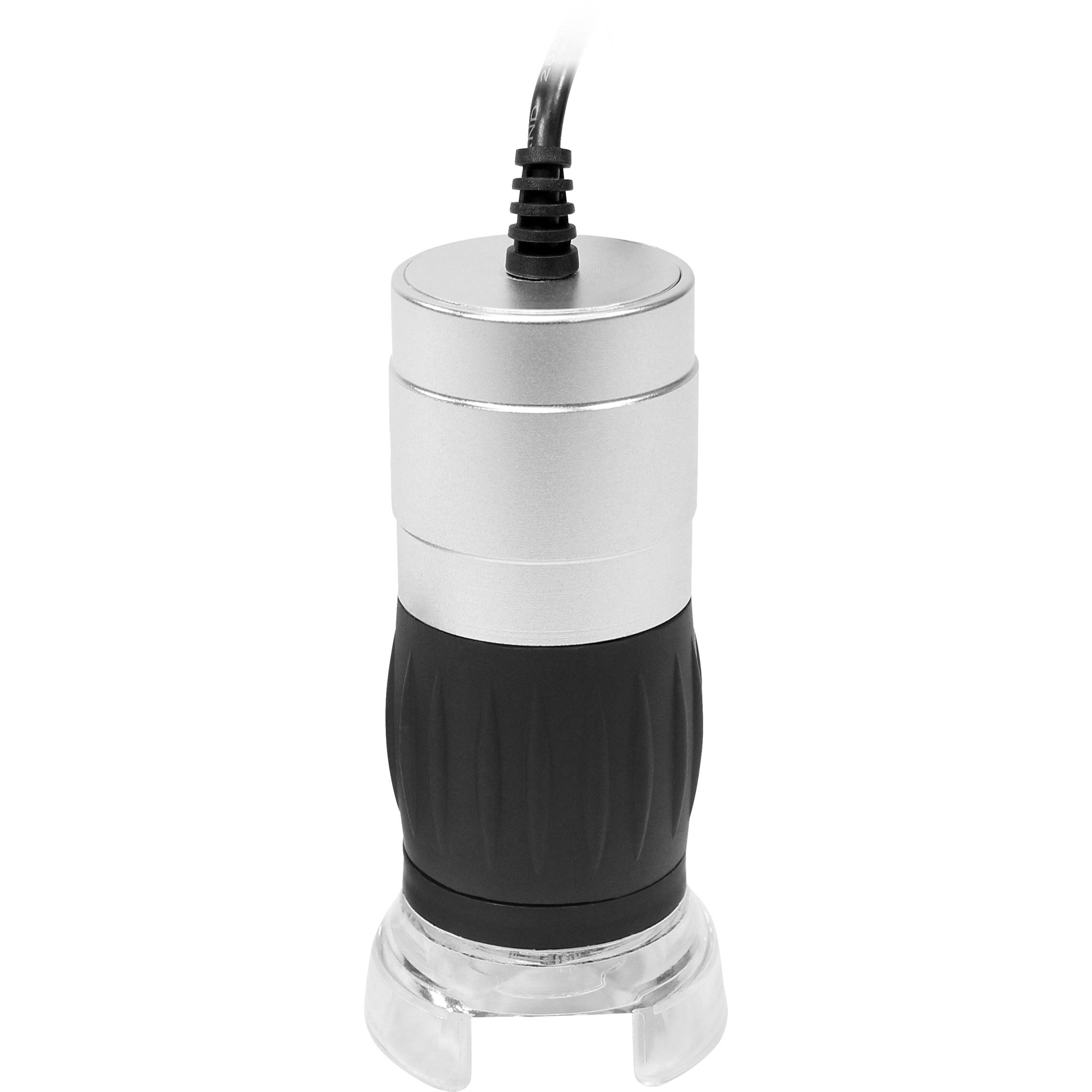 Nahaufnahme eines silber-schwarzen Geräts mit klarer Basis und einem schwarzen Kabel, das nach oben verläuft.