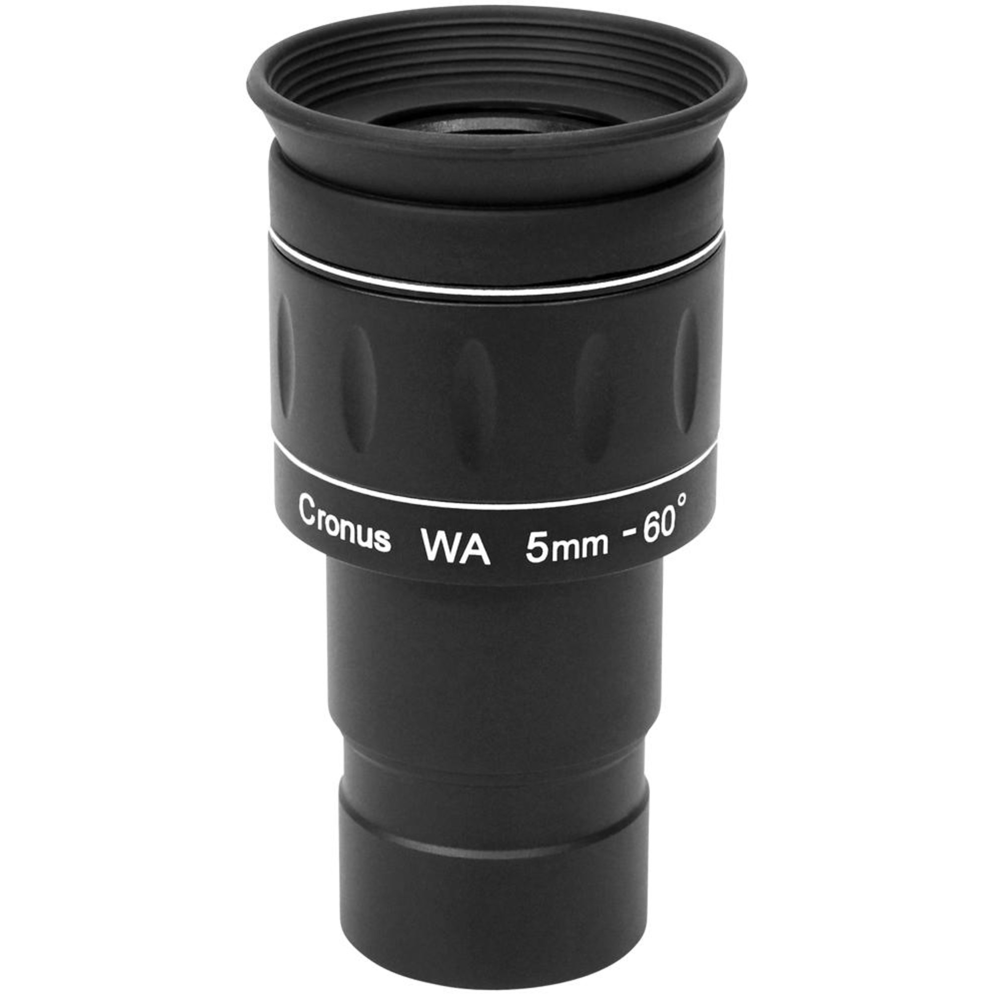 Ein schwarzes Teleskopokular mit weißem Text 'Cronus WA 5mm - 60°' an der Seite. Es hat eine geriffelte Oberseite.