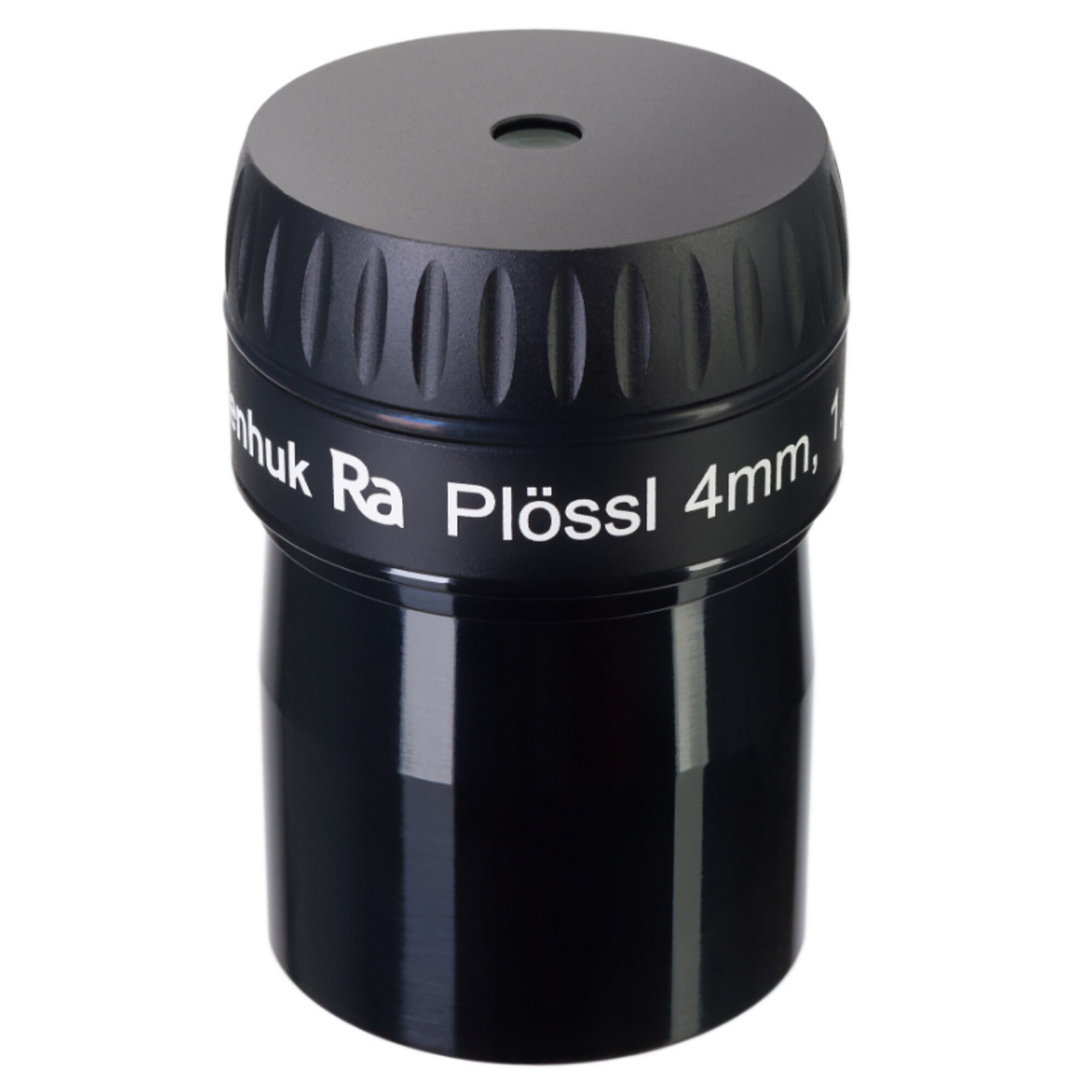 Ein schwarzes Teleskopokular mit weißem Text: 'Plössl 4mm'. Es hat eine abgerundete Oberseite und befindet sich auf weißem Hintergrund.