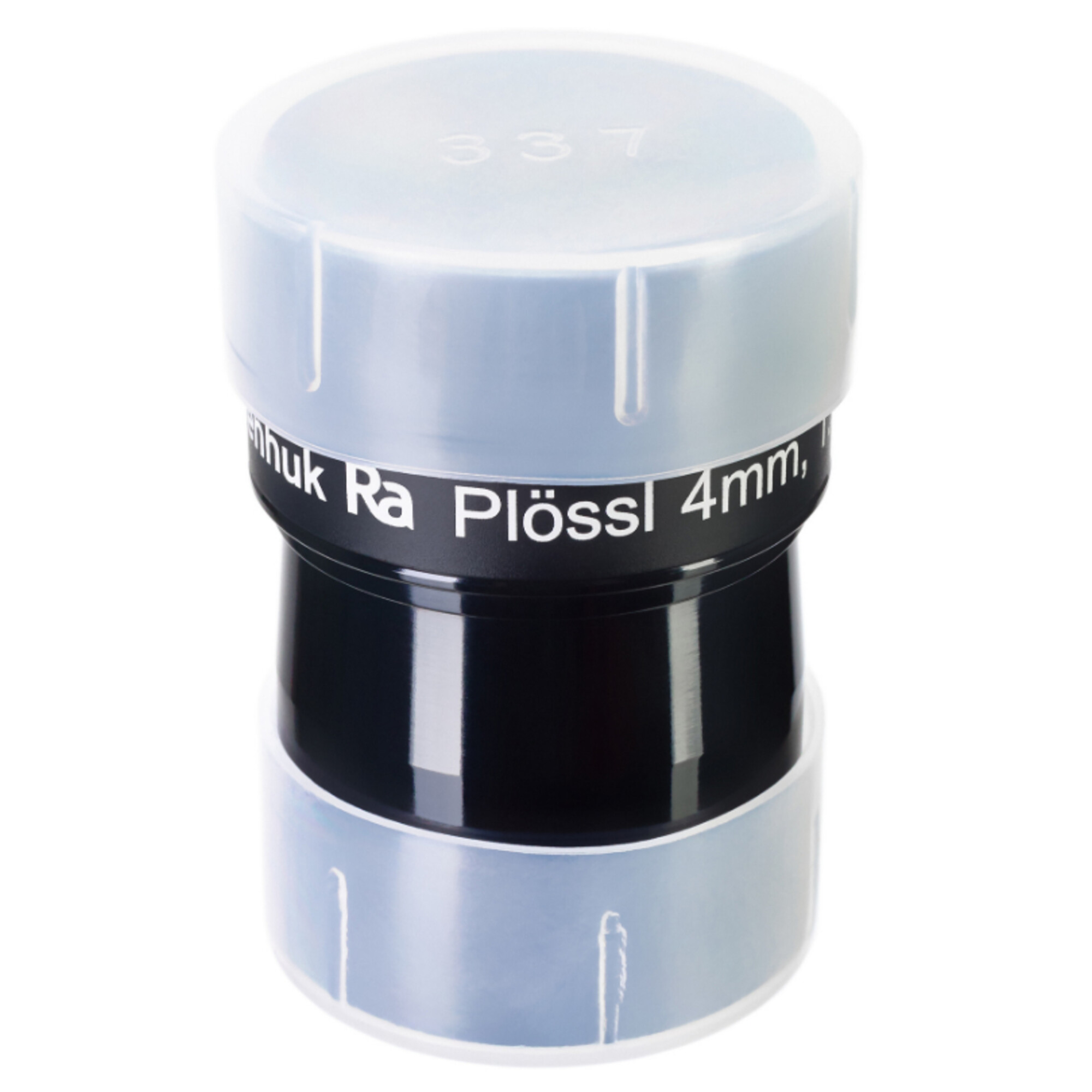 Nahaufnahme eines Okulars. Es ist zylindrisch mit schwarzen und hellblauen Abschnitten, mit dem Text 'Plossl 4mm'.