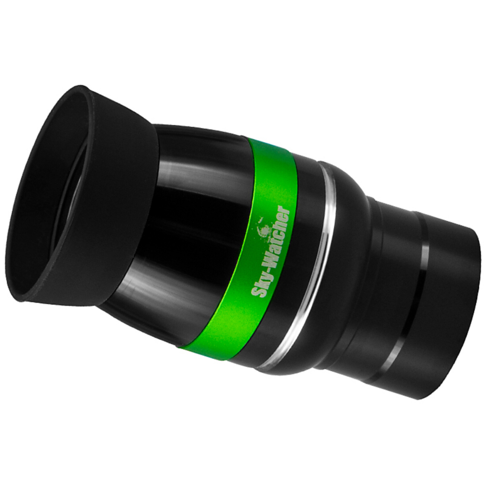 Ein schwarzes Teleskopokular mit grünem Sky-Watcher-Branding. Es hat eine Gummi-Augenmuschel und einen silbernen Zierring.