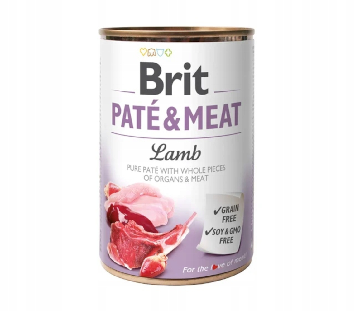 Puszka Brit Paté & Meat Lamb. Pokazuje kawałki mięsa jagnięcego ze znakiem wyboru dla bez zbóż, soi i GMO.