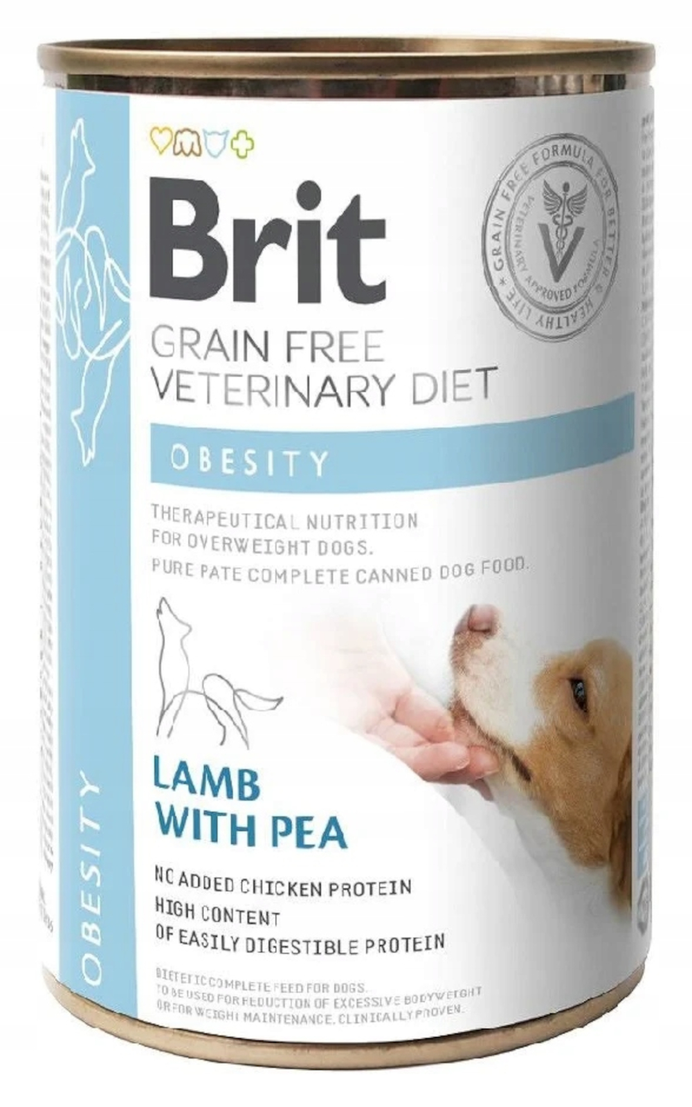 Puszka karmy dla psów Brit. Napisano 'Grain Free Veterinary Diet' i 'Jagnięcina z groszkiem'. Pies je z ręki.