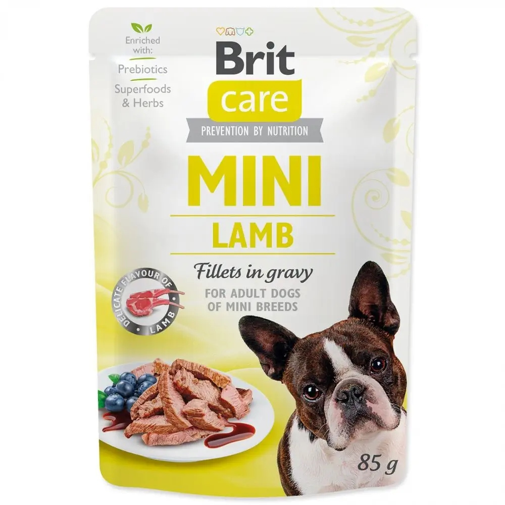 Opakowanie karmy dla psów. Pokazuje twarz psa, talerz z jedzeniem i tekst: MINI LAMB, Fillets in gravy.