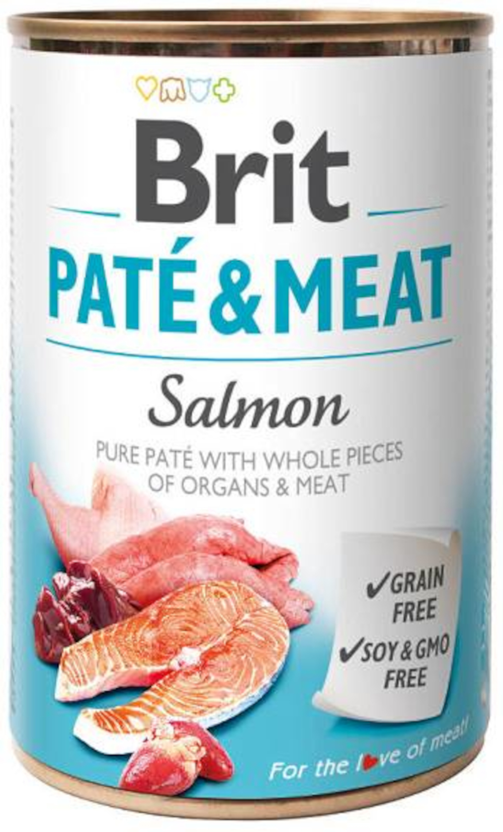 Puszka karmy dla psów Brit Paté & Meat Łosoś. Pokazuje plastry łososia i inne mięsa, stwierdza, że jest wolna od zbóż i soi.
