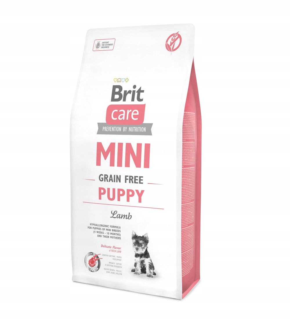 Biała torba karmy dla psów Brit care Mini Puppy. Znajduje się na niej zdjęcie szczeniaka i widoczne są słowa 'Grain Free'.