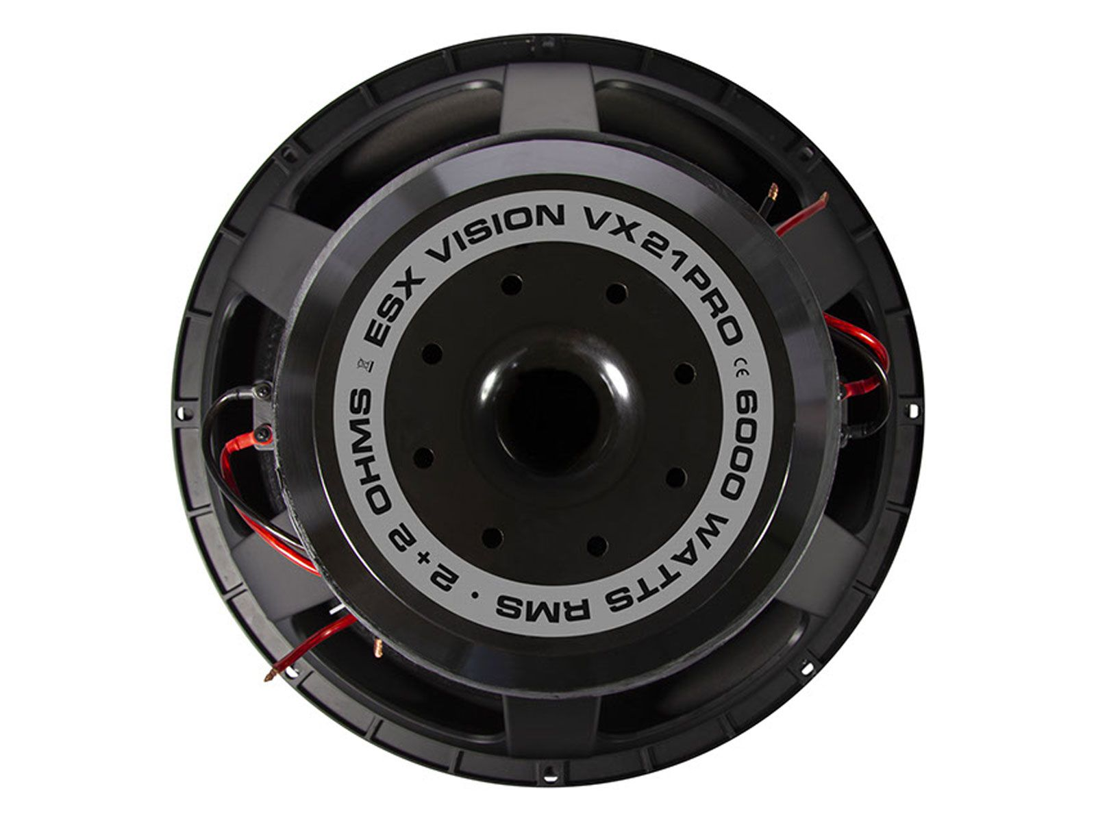 Nahaufnahme eines schwarzen Lautsprechers mit Text 'ESX VISION VX21PRO 6000 Watt RMS 2+2 OHMS'.
