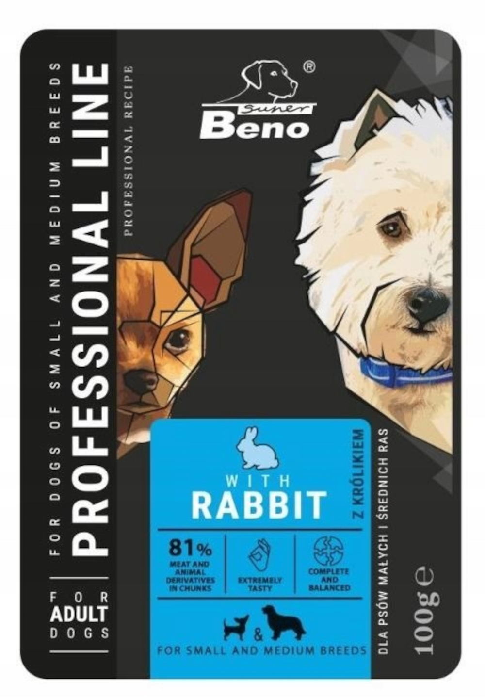 Opakowanie karmy dla psów. Przedstawia dwa psy, chihuahua i białego psa. Pokazuje również tekst o smaku królika i zawartości mięsa.