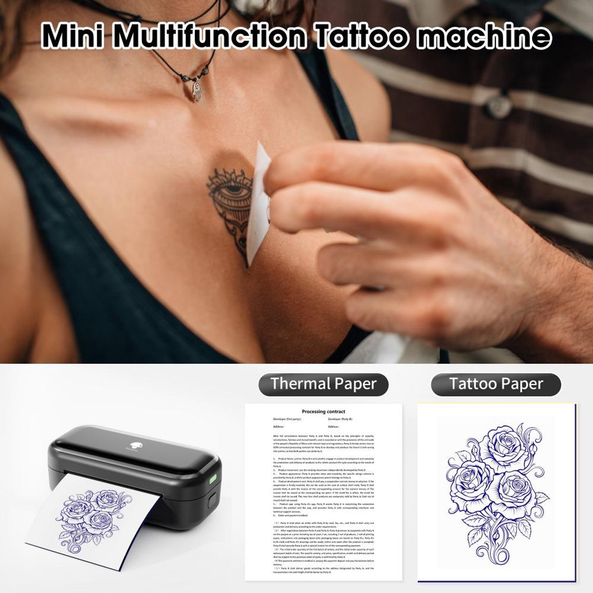Een persoon die een tatoeage krijgt, een machine die een rozenontwerp afdrukt en twee papieren met verschillende afbeeldingen.
