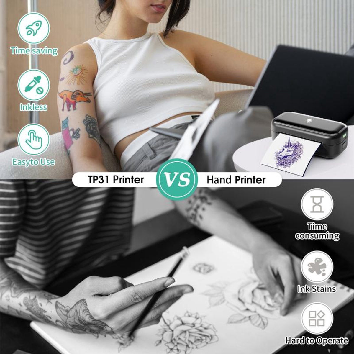 Afbeelding vergelijkt een TP31-printer met een handprinter. De TP31-printer bespaart tijd en is inktloos. De handprinter is tijdrovend en moeilijk te bedienen.