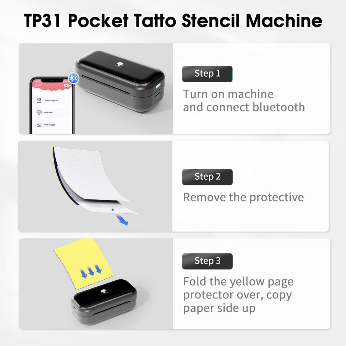 Instructies voor een tatoeage sjablonenmachine. Bevat stappen om in te schakelen, de beschermlaag te verwijderen en de gele pagina-beschermer op te vouwen.