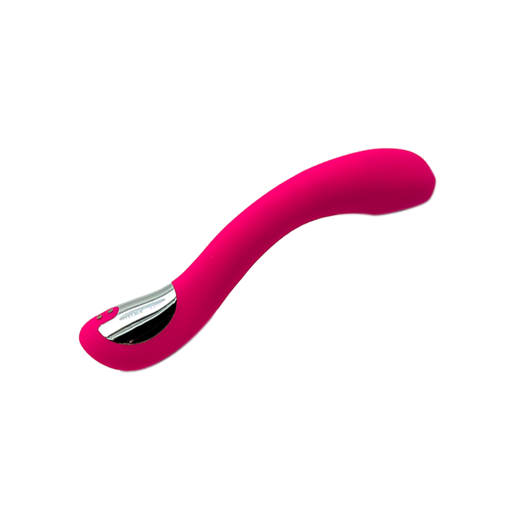 Różowy wibrator o zakrzywionym kształcie i srebrnym akcencie na białym tle.
