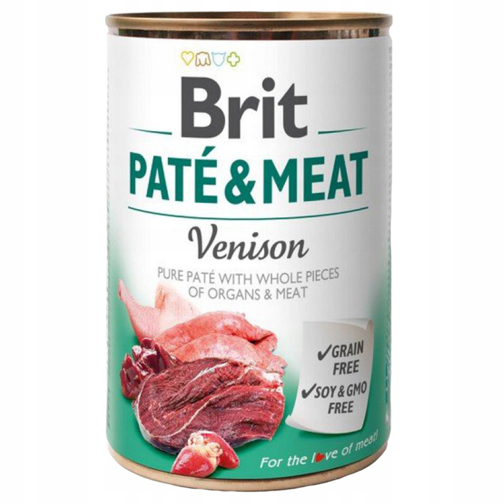 Puszka Brit Paté & Meat, smak Sarnina, z kawałkami mięsa. Bez zbóż i soi/GMO. Na puszce zdjęcia mięsa.