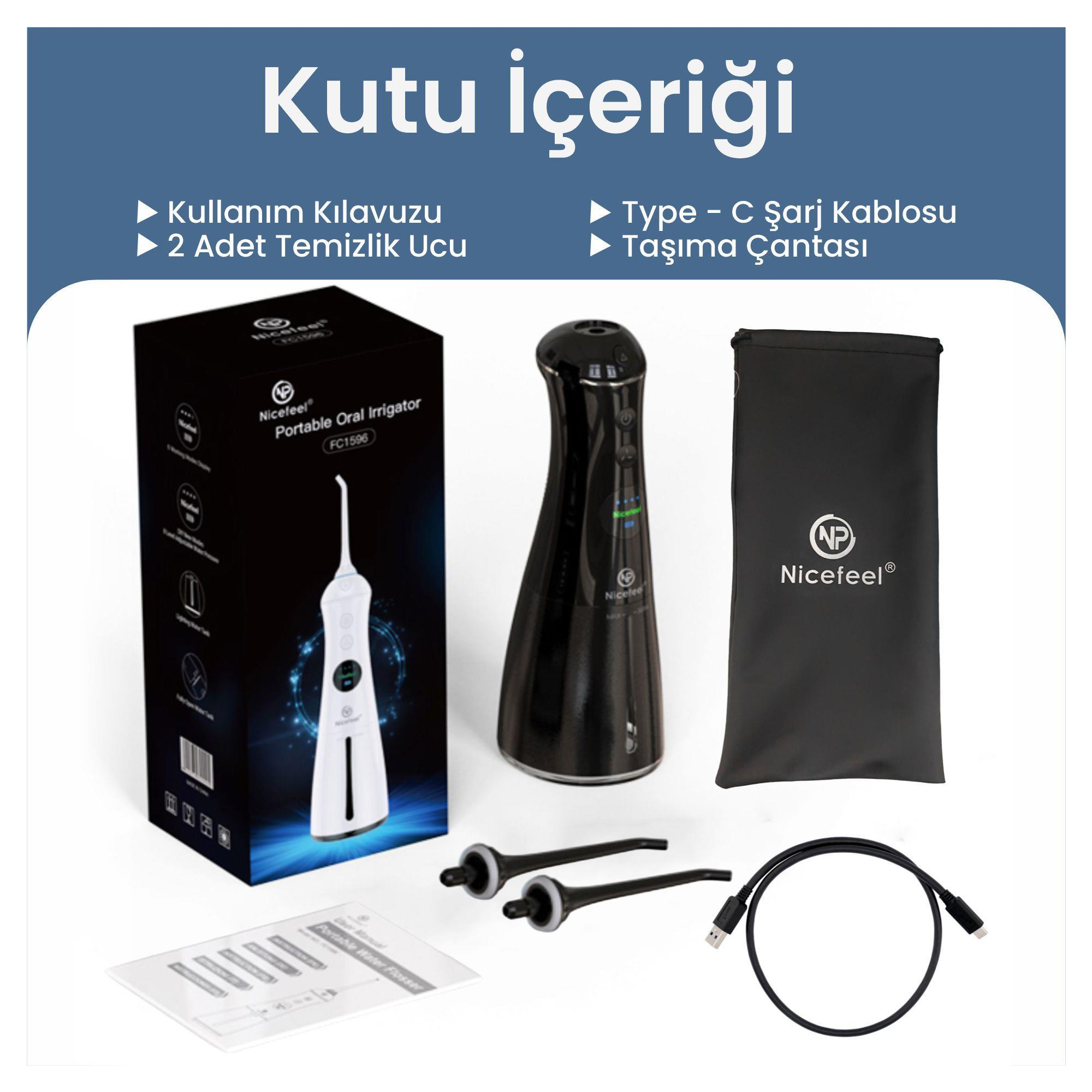 Ağız duşu, aksesuarlar ve kullanım kılavuzu içeren bir kutu. Ürünler düzenli bir şekilde düzenlenmiş.