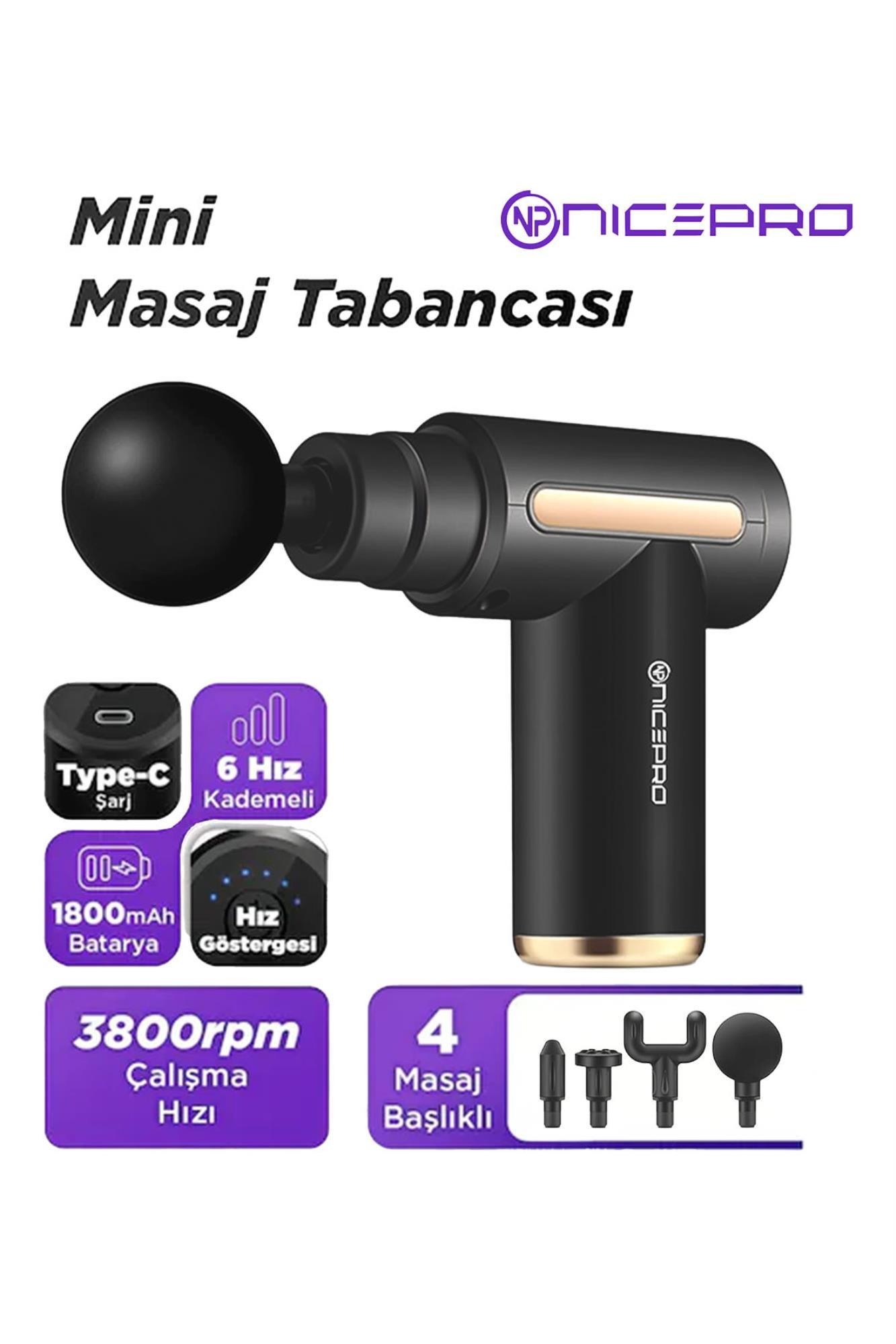 Ekleri olan siyah bir masaj tabancası. Özellikleri arasında 6 hız, 1800mAh pil ve 3800rpm bulunur. Marka adı NICEPRO'dur.