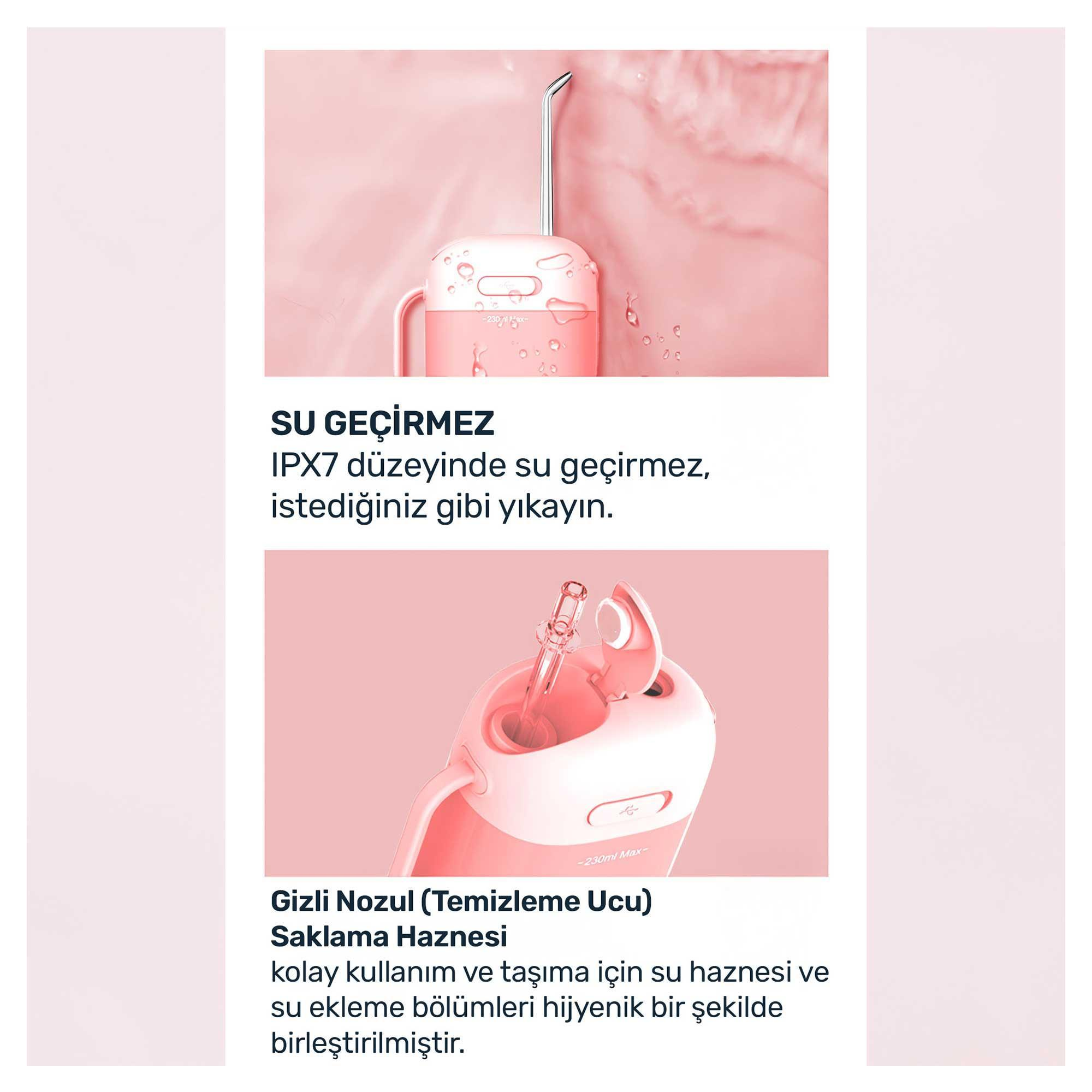 Gizli başlığa sahip pembe bir ağız duşu. Metin, su geçirmezliği ve kullanım kolaylığını anlatıyor.