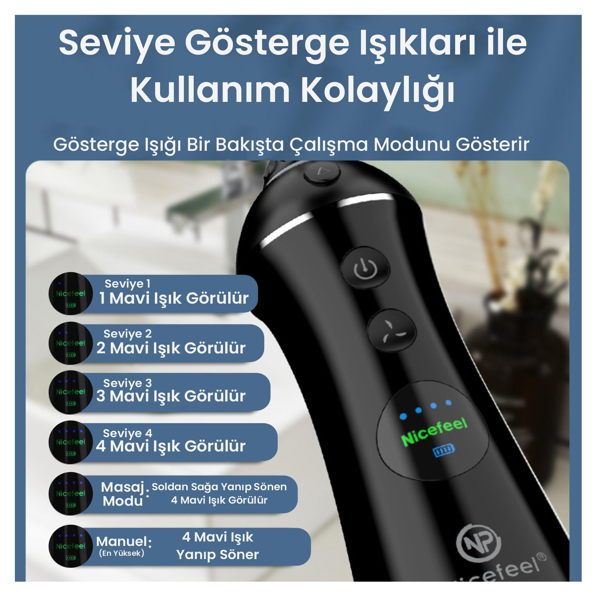 Düğmeleri ve mavi ışıkları olan siyah bir cihaz, kullanım seviyelerini gösteriyor. Türkçe metin, özellikleri ve Nicefeel markasını açıklıyor.