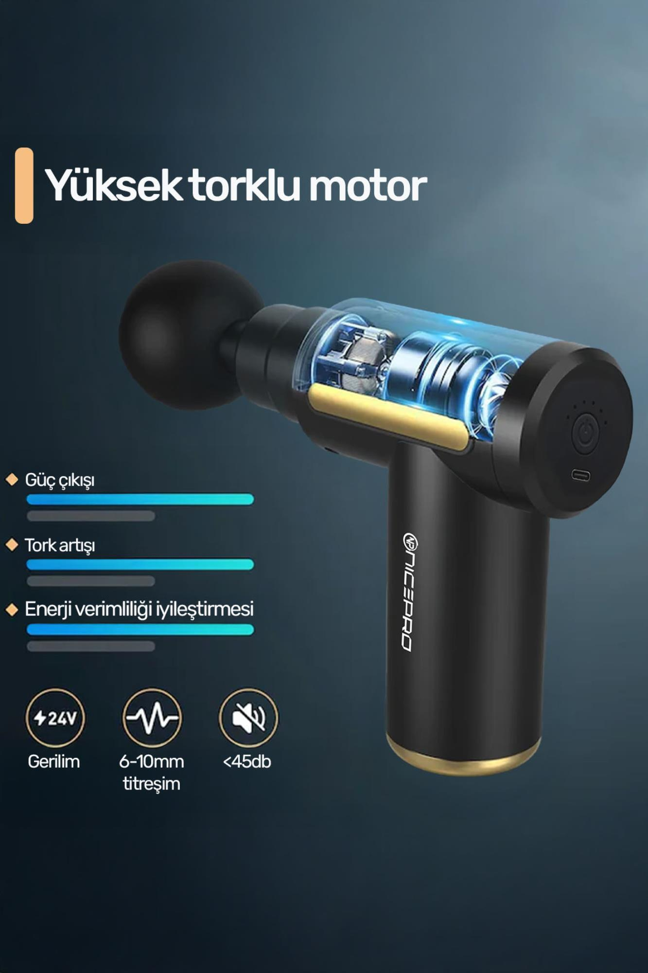 Görselde mavi ve altın detaylara sahip siyah bir masaj tabancası yer alıyor. Metin, güç çıkışı ve tork artışı gibi özellikleri vurguluyor.