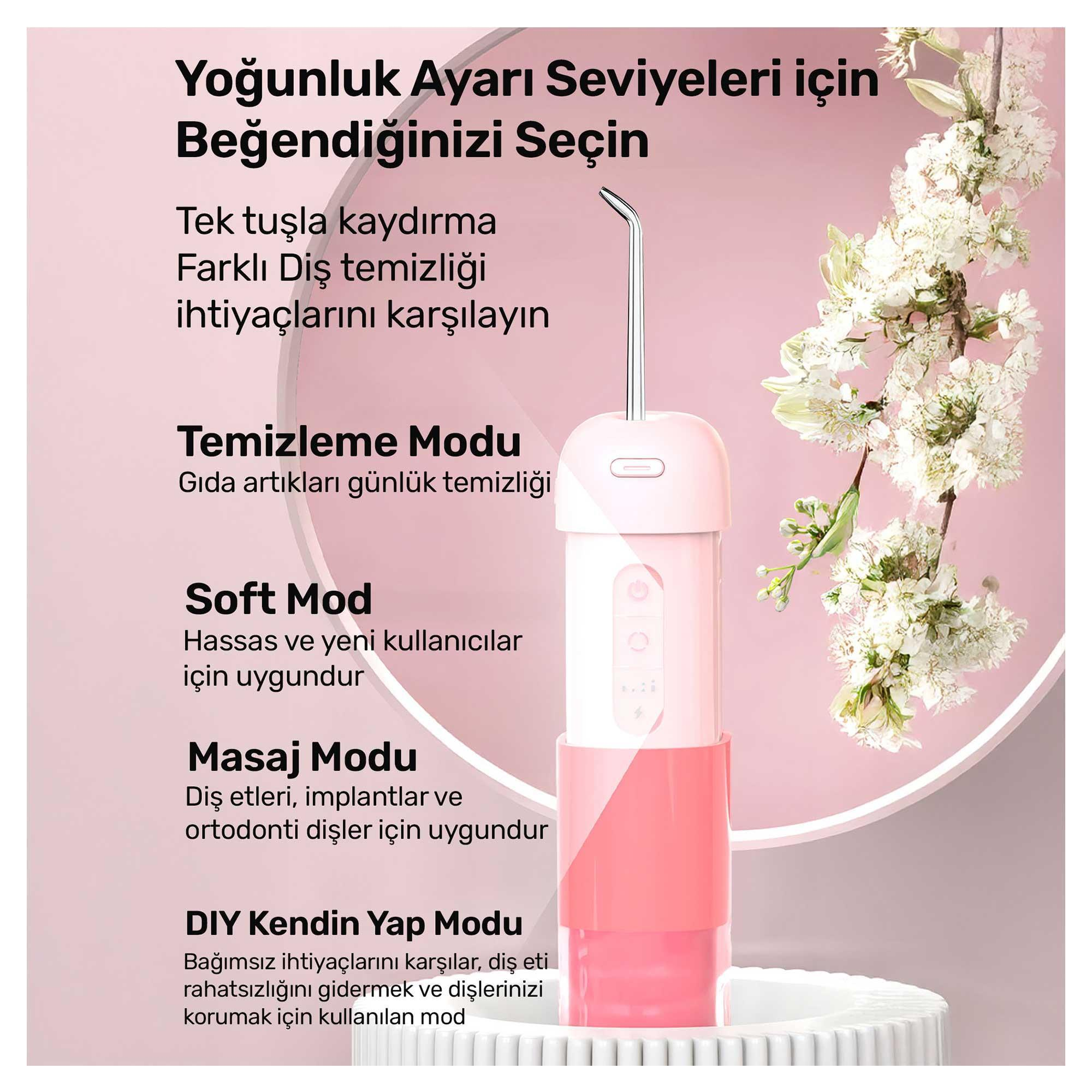 Türkçe metinli pembe ve beyaz diş suyu püskürtücü. Arka planda çiçekler. Farklı temizleme modları listelenmiştir.