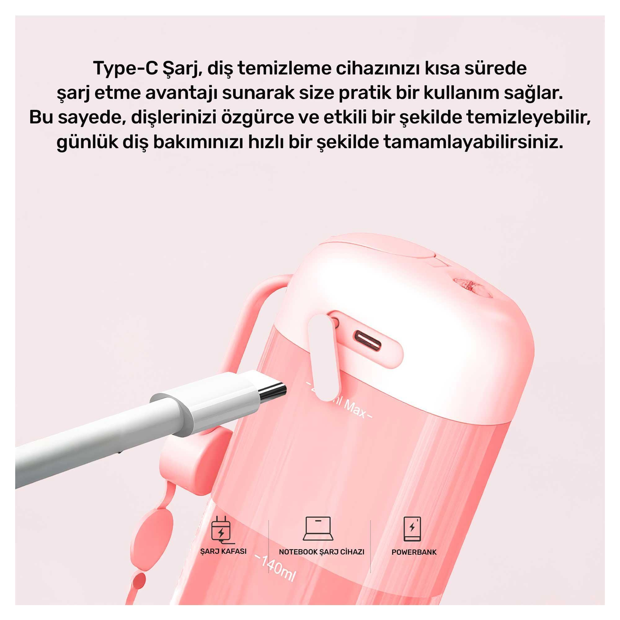 Bağlı bir şarj kablosu olan pembe ve beyaz elektrikli diş fırçası. Resimdeki metin şarj avantajlarını tanıtıyor.