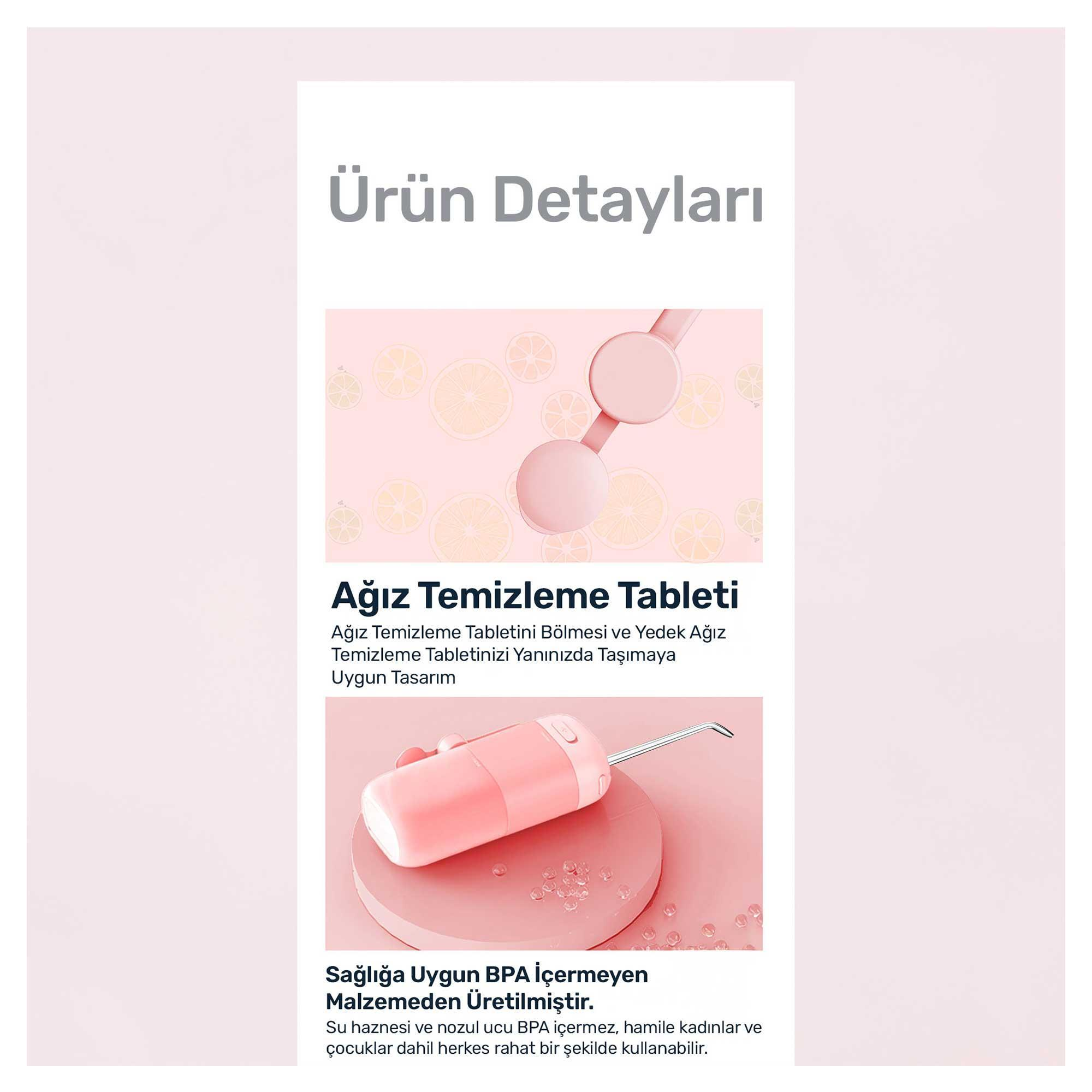 Pembe taban üzerinde pembe ağız bakım tableti. Türkçe metin, ürünü ve özelliklerini tanımlar.