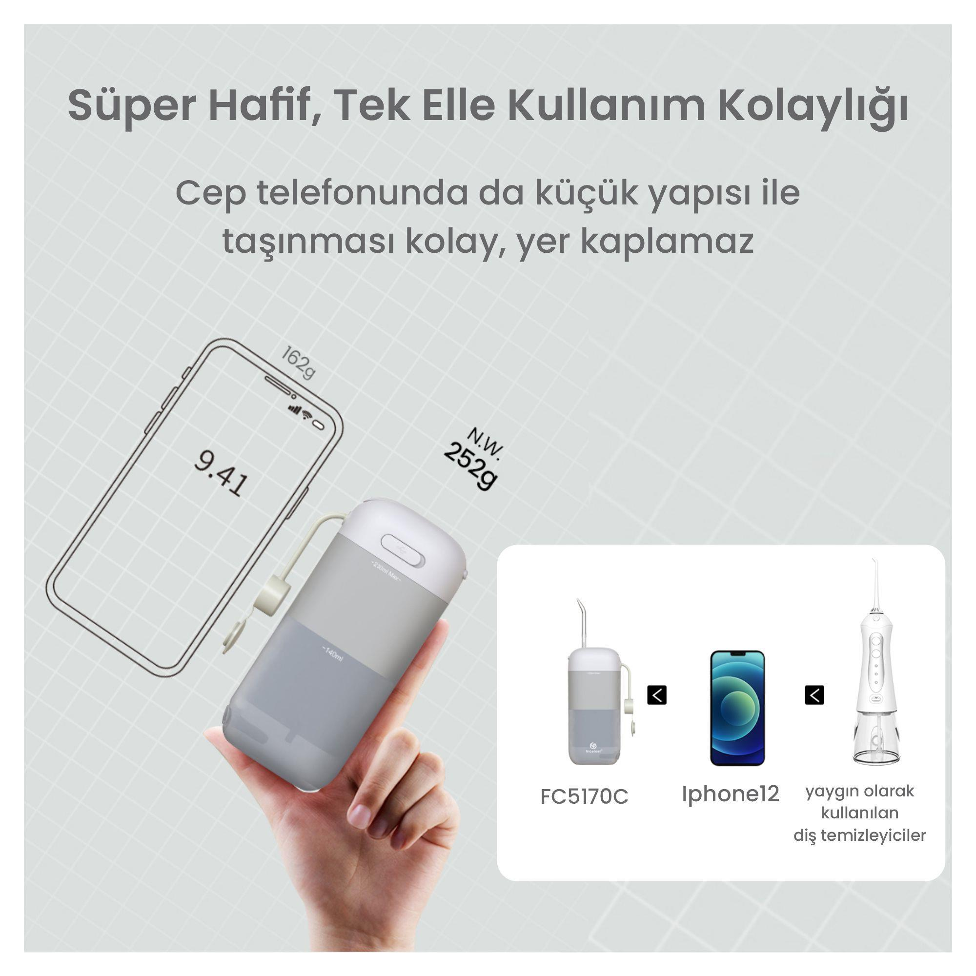 Görüntü, gri ve beyaz bir cihaz tutan bir eli gösteriyor. Bir telefon ana hattı ve iki diş temizleme cihazı var.
