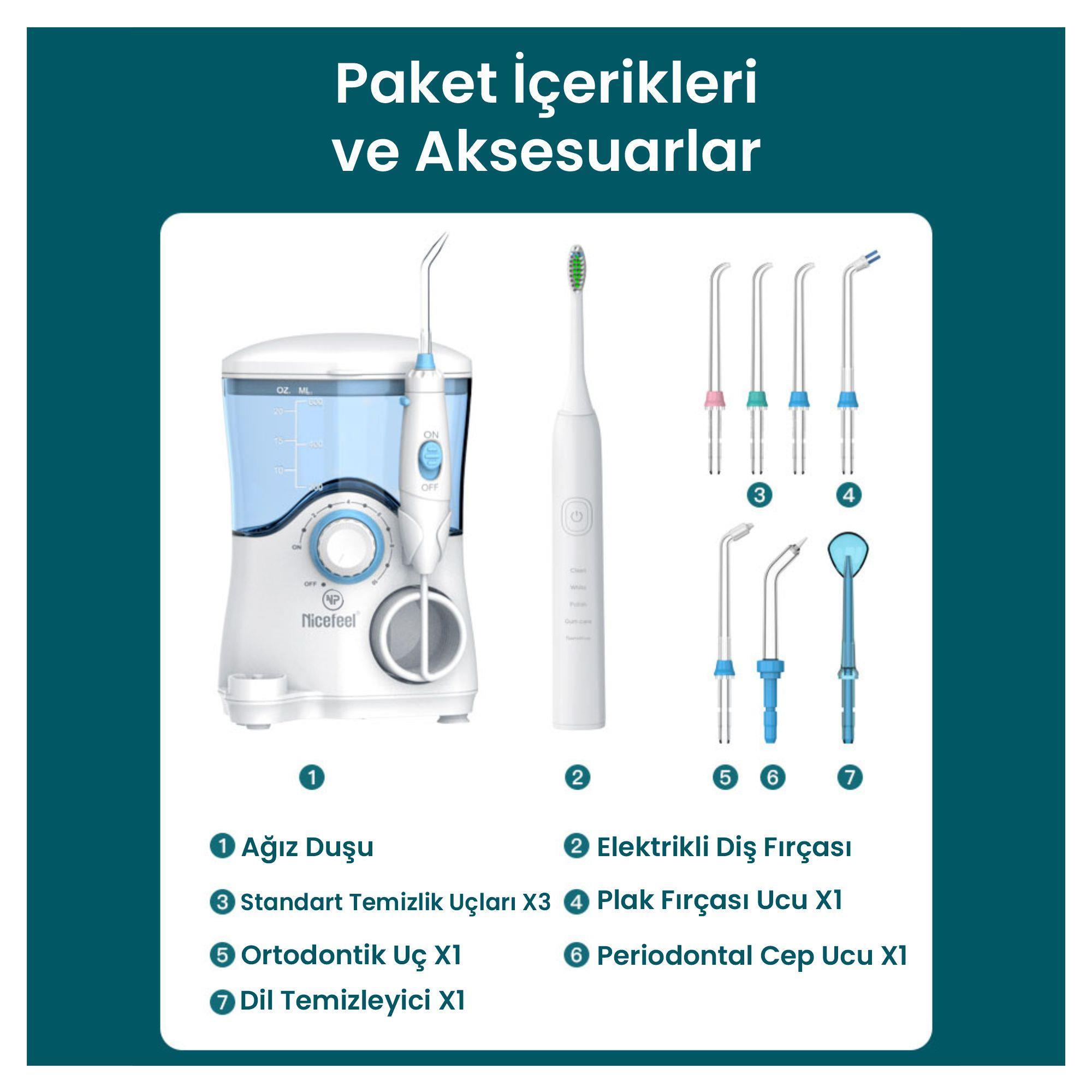 Görselde, su fırçası, elektrikli diş fırçası ve çeşitli temizleme uçları ile bir ağız hijyeni kiti gösterilmektedir.
