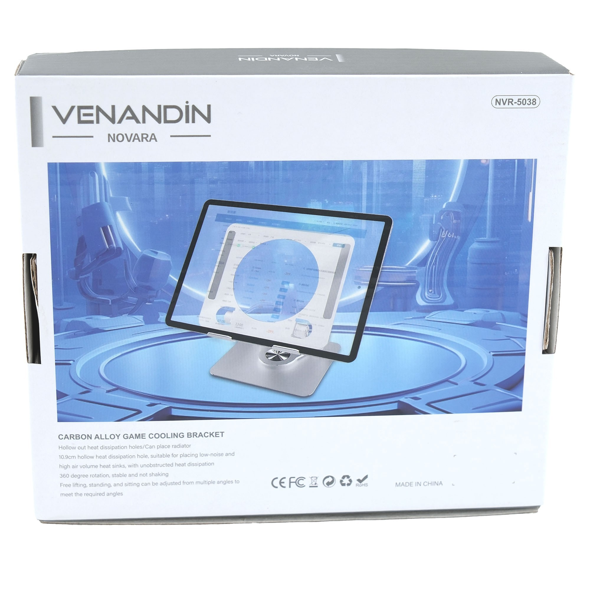 Bir stand üzerinde bir tabletin bulunduğu beyaz bir kutu. Kutuda Venandin markası var. Tablet ekranında veriler gösteriyor.