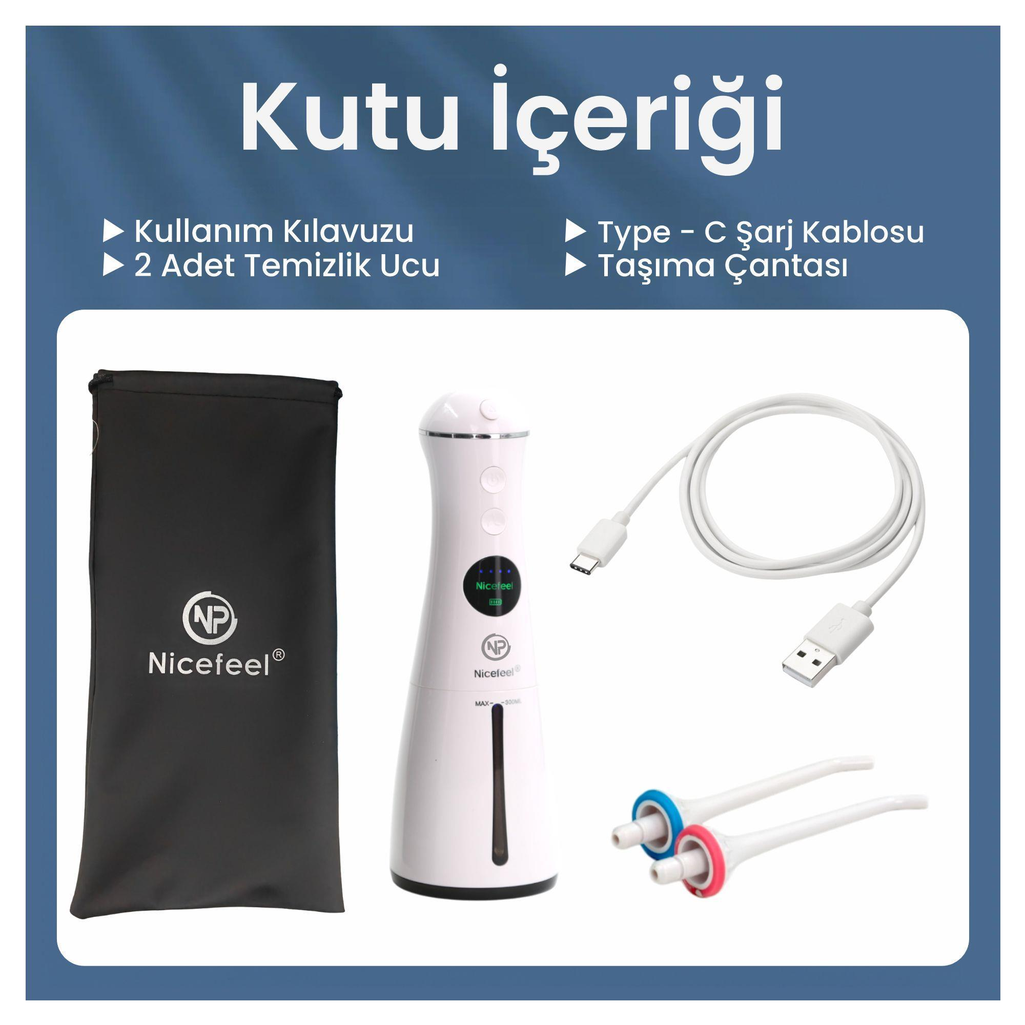 Görüntüde beyaz bir ağız duşu, şarj kablosu, iki temizleme ucu ve Nicefeel taşıma çantası yer alıyor.