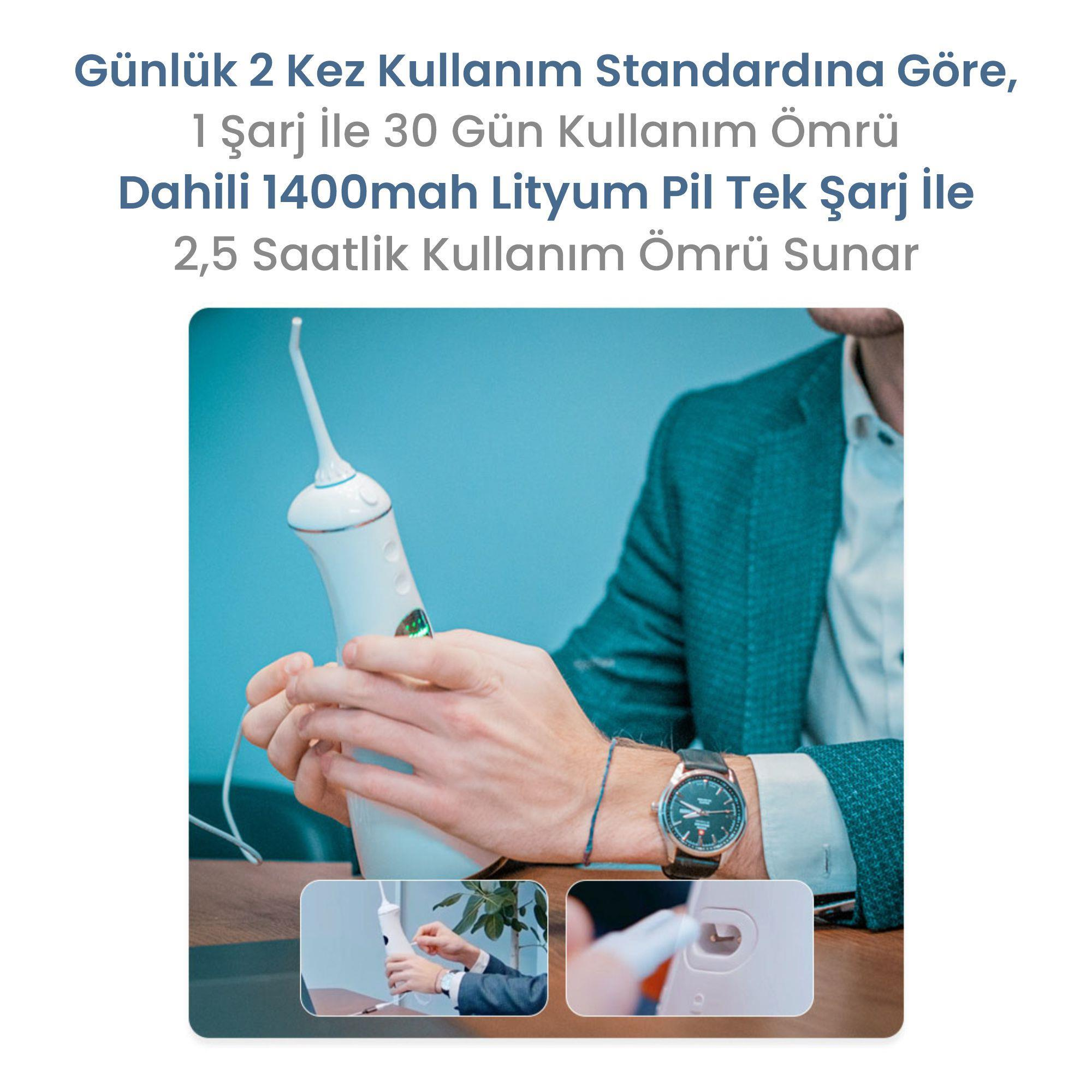 Bir adam beyaz bir ağız duşu tutuyor. Yukarıdaki metin cihazın özelliklerini gösteriyor.