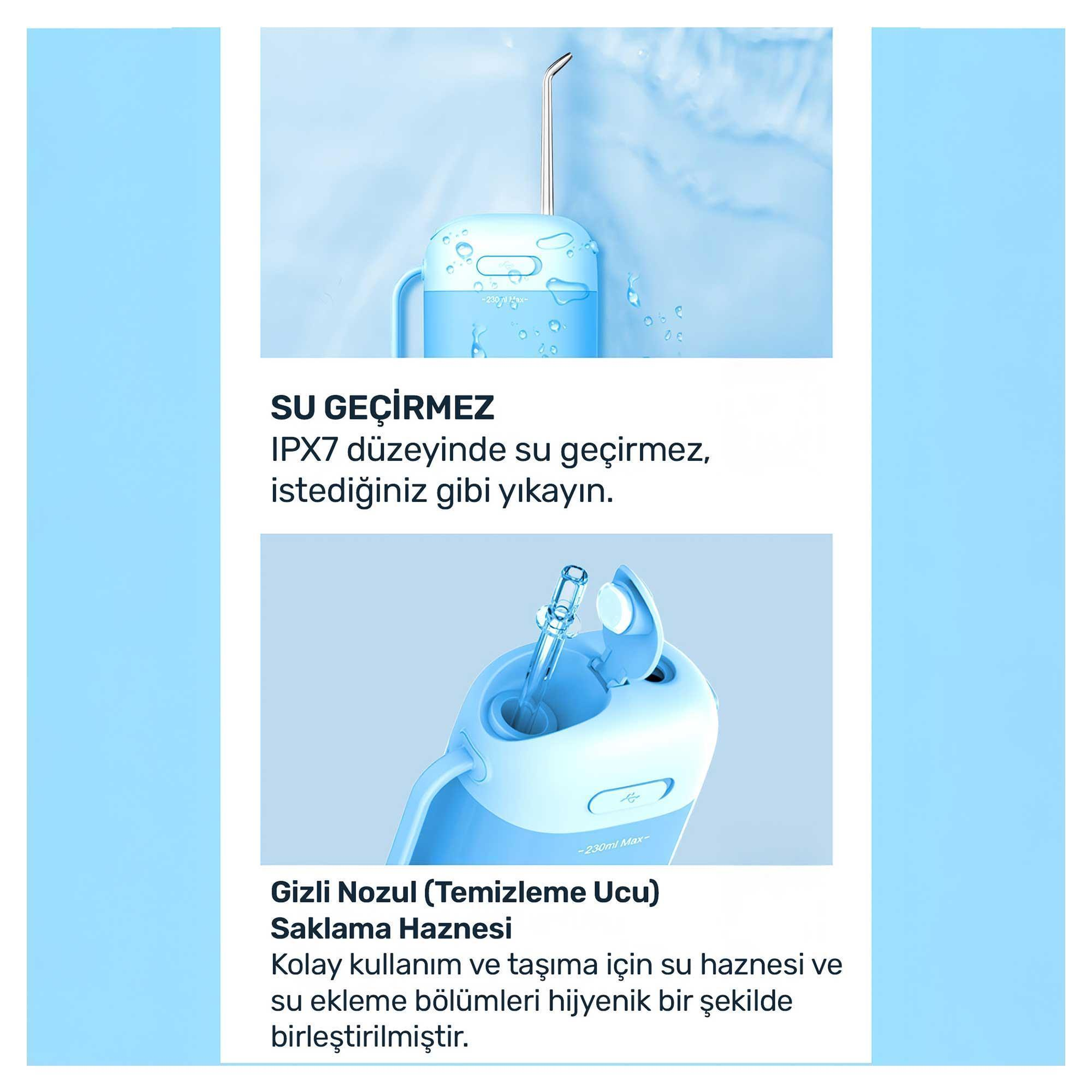 Cihazın detaylarını gösteren mavi ağız duşu. Metin, su geçirmezlik ve hijyen özelliklerini belirtir.