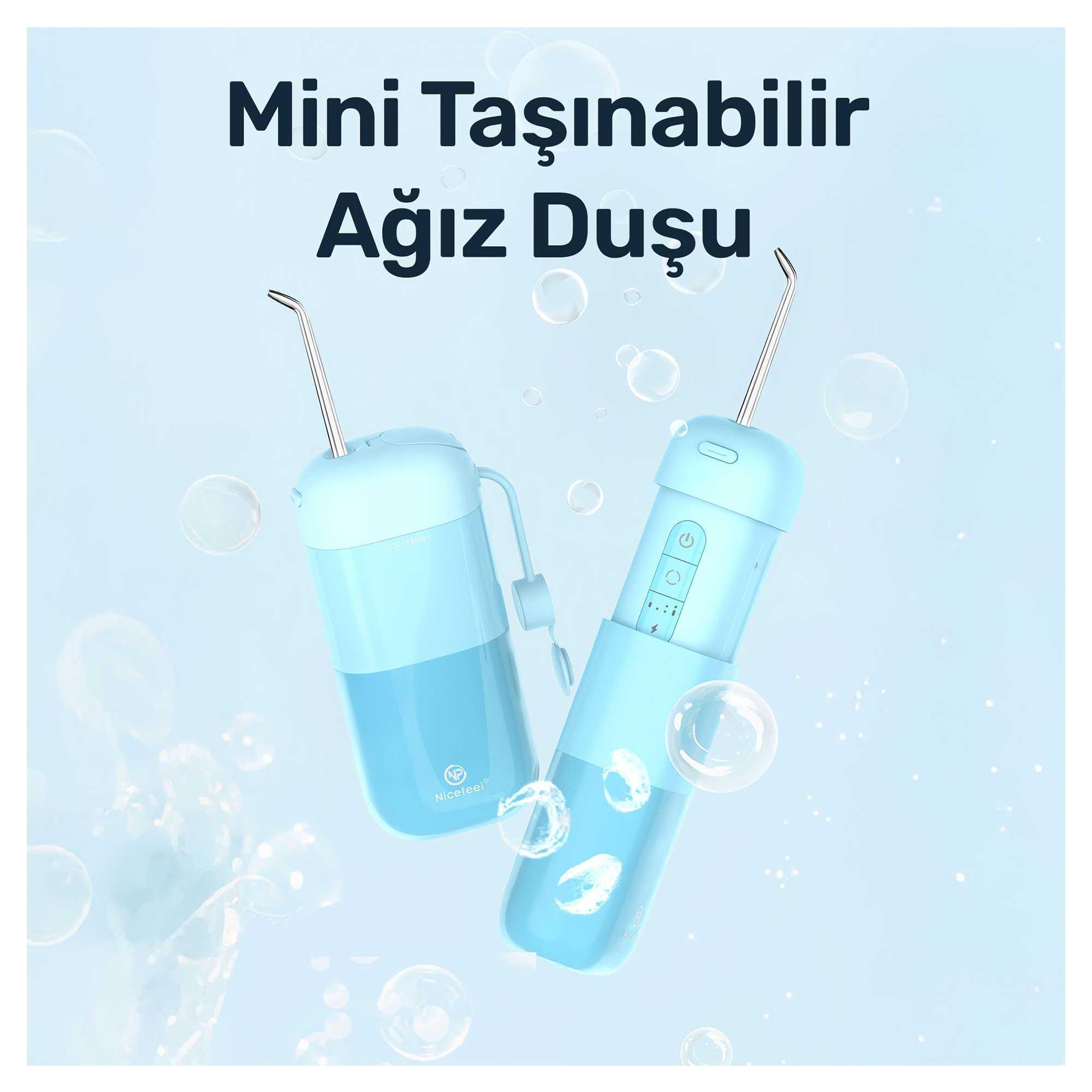 Kabarcıklarla iki mavi taşınabilir ağız sulama cihazı. Yukarıdaki metin şunları okur: Mini Taşınabilir Ağız Duşu.