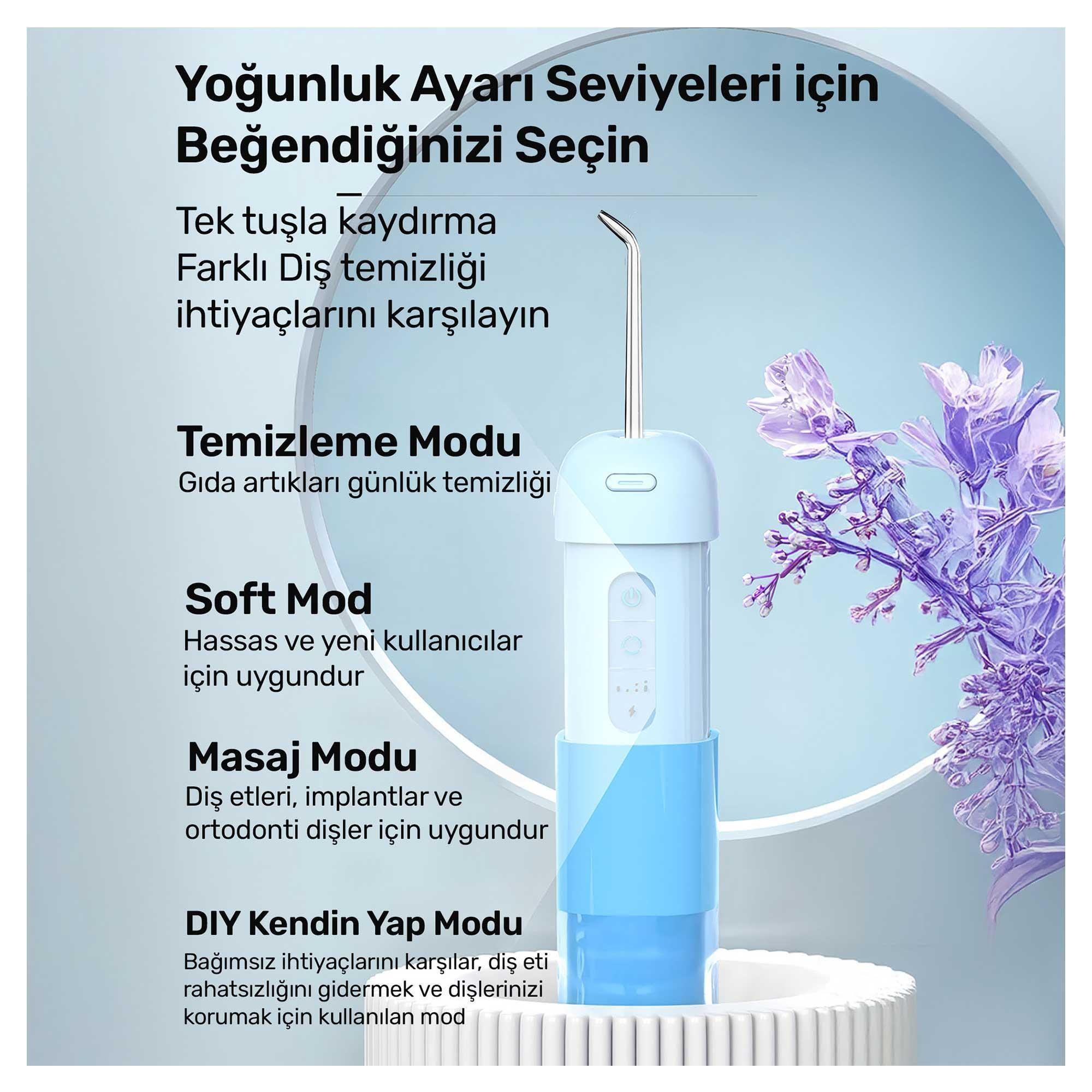 Mavi ve beyaz bir diş ipi, temizleme modlarını açıklayan metinlerle beyaz bir yüzeyde duruyor. Arka planda mor çiçekler.