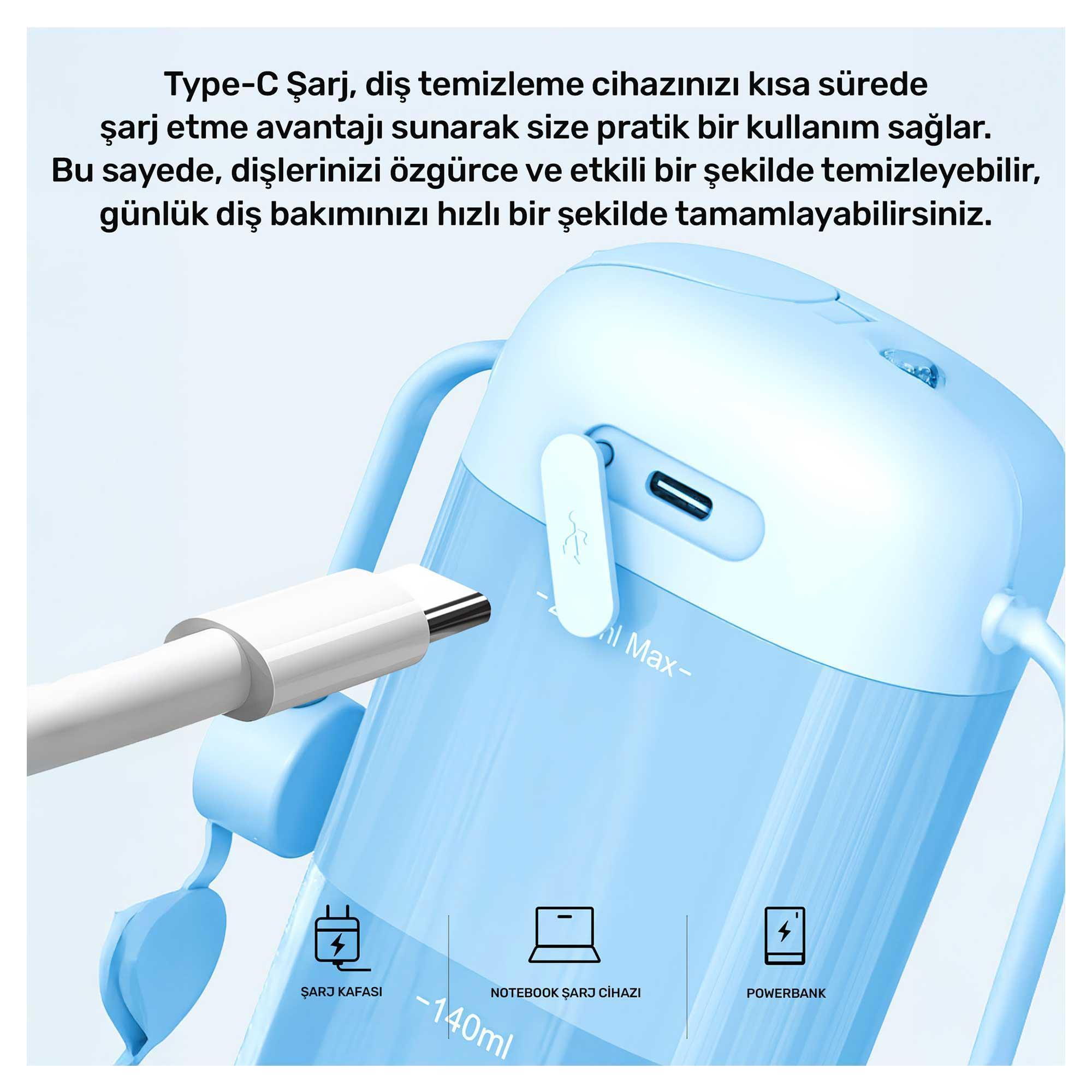 Şarj kablosu olan mavi ve beyaz bir cihaz. Şarj, dizüstü bilgisayar ve güç bankası simgelerini gösterir.