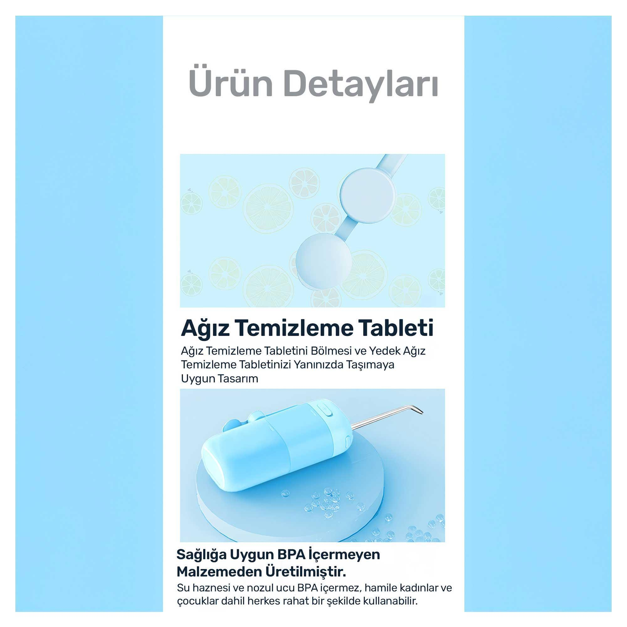 Görsel, bir ürün detay sayfasını gösterir. Metin, mavi bir ağız hijyen cihazı ve limon dilimi illüstrasyonları içerir.