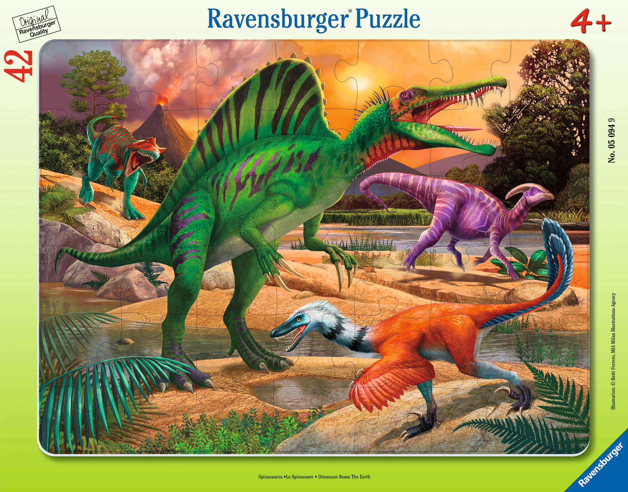 Puzzle di dinosauri. Un grande Spinosaurus verde è al centro, altri lo circondano. Lo sfondo ha un vulcano in eruzione.