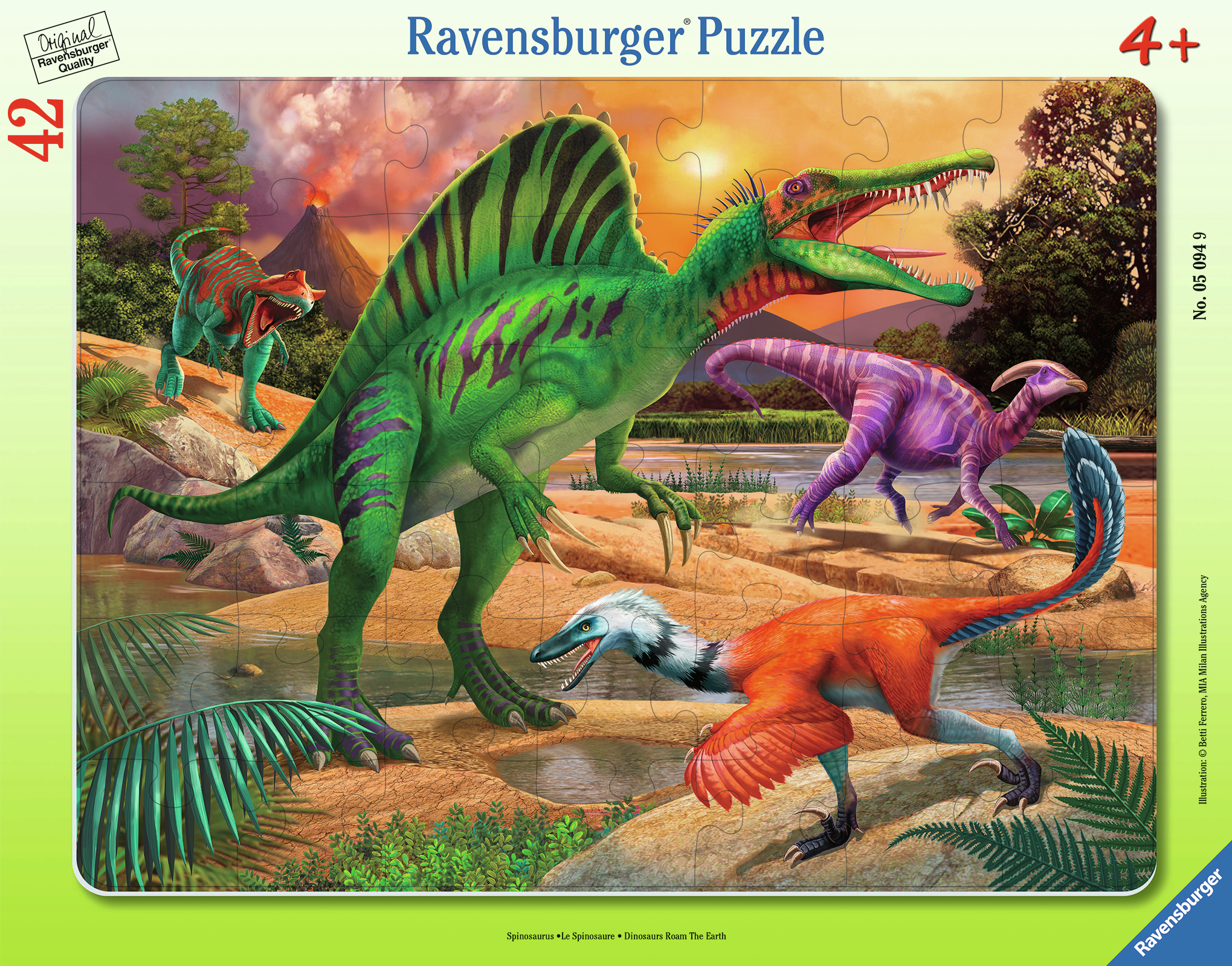 Il puzzle mostra dinosauri in una scena preistorica. Spinosauro verde spicca. Vulcano erutta sullo sfondo, altri dinosauri presenti.
