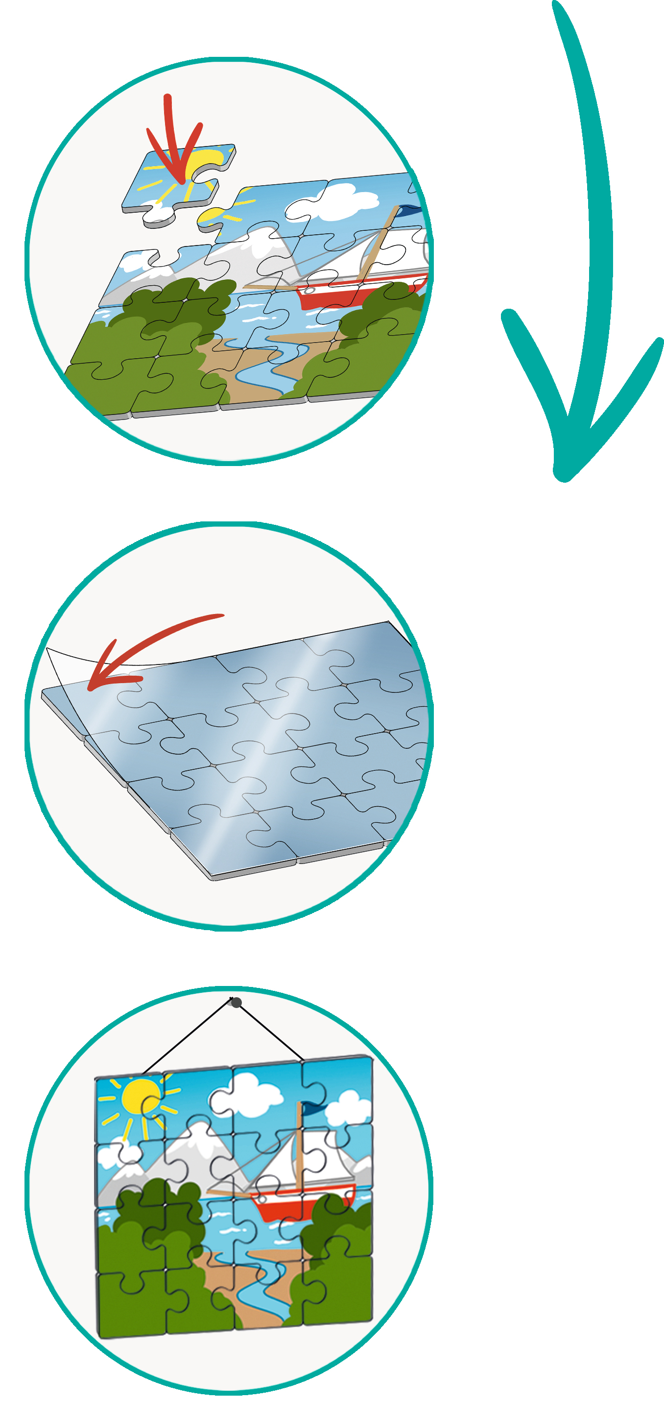 Un puzzle viene assemblato. Un pezzo con il sole viene posizionato sull'immagine di una barca a vela e di un fiume. Il puzzle finito è appeso.