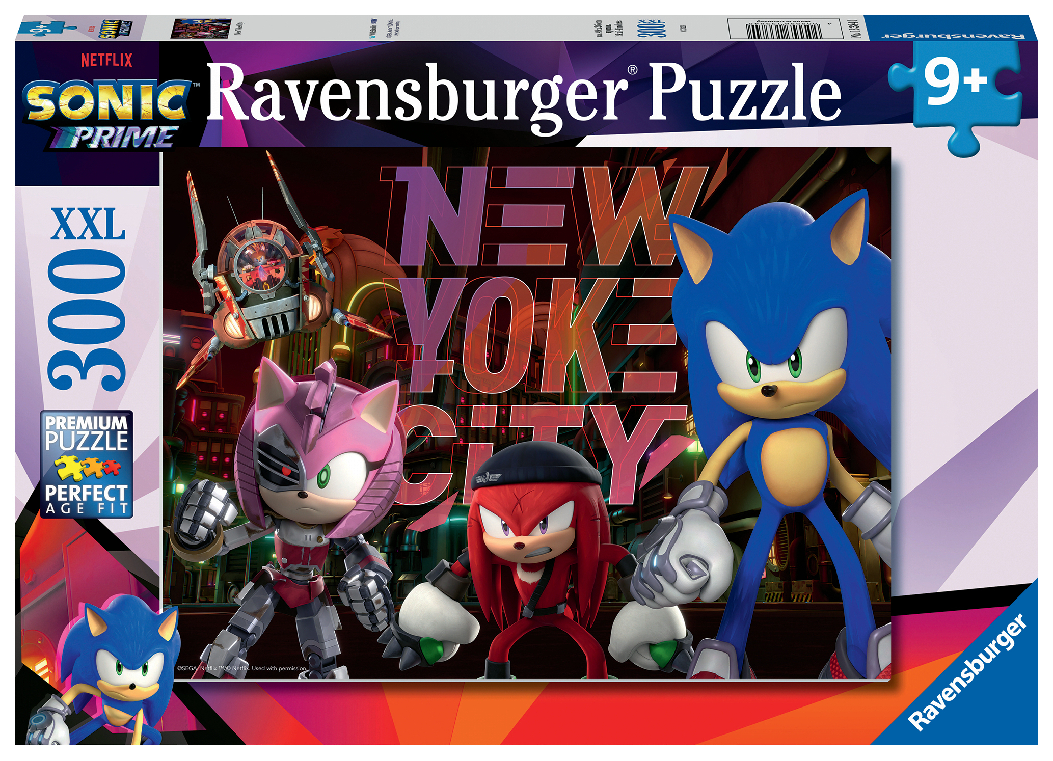 Scatola di puzzle di Sonic con Sonic, Amy, Knuckles e un robot. Lo sfondo mostra New York City. Il marchio è Ravensburger.