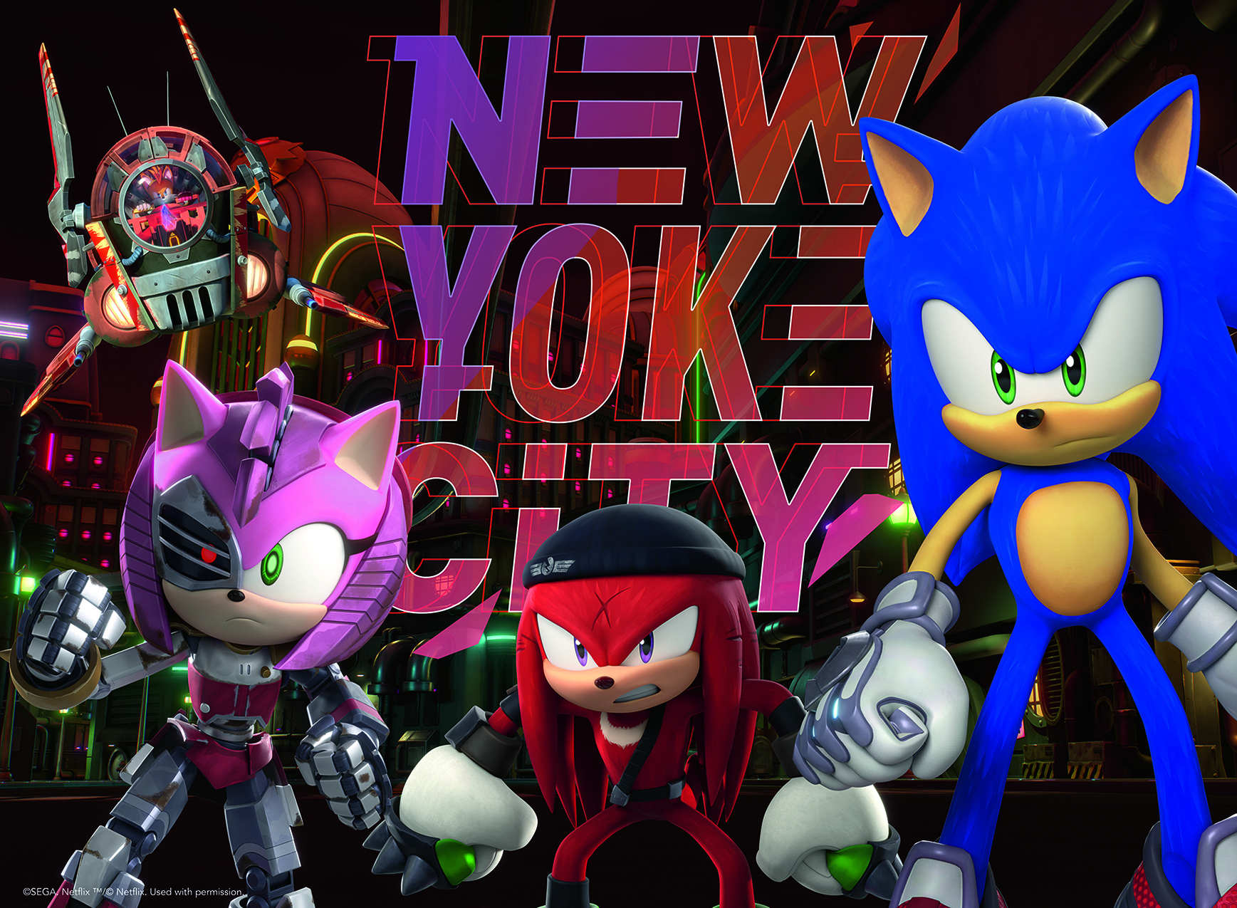 Sonic e amici davanti a 'New Yoke City'. Amy è simile a un cyborg. Knuckles indossa un berretto. Un'astronave futuristica sullo sfondo.