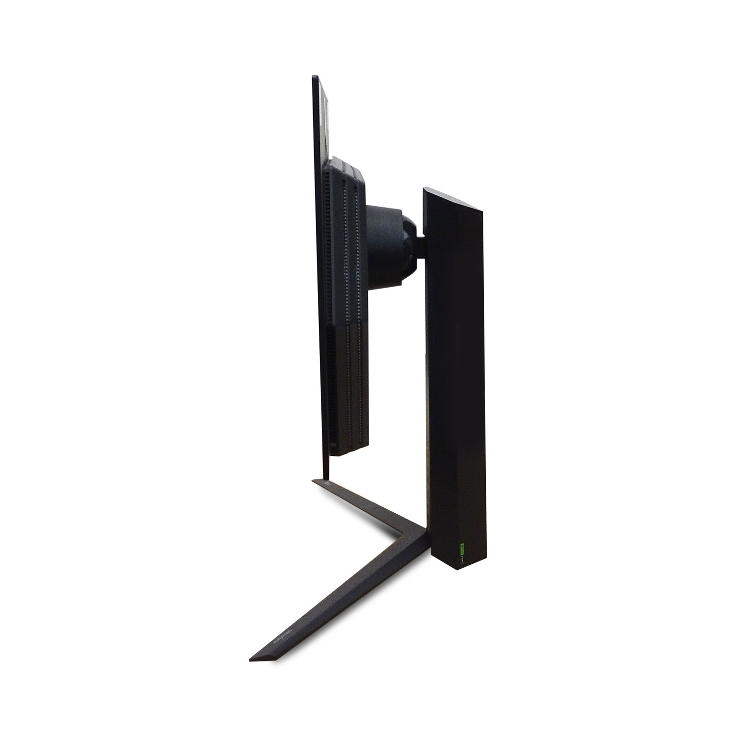 Seitenansicht eines schwarzen Computermonitors. Bildschirm, Ständer und Sockel sind schwarz. Der Hintergrund ist weiß.
